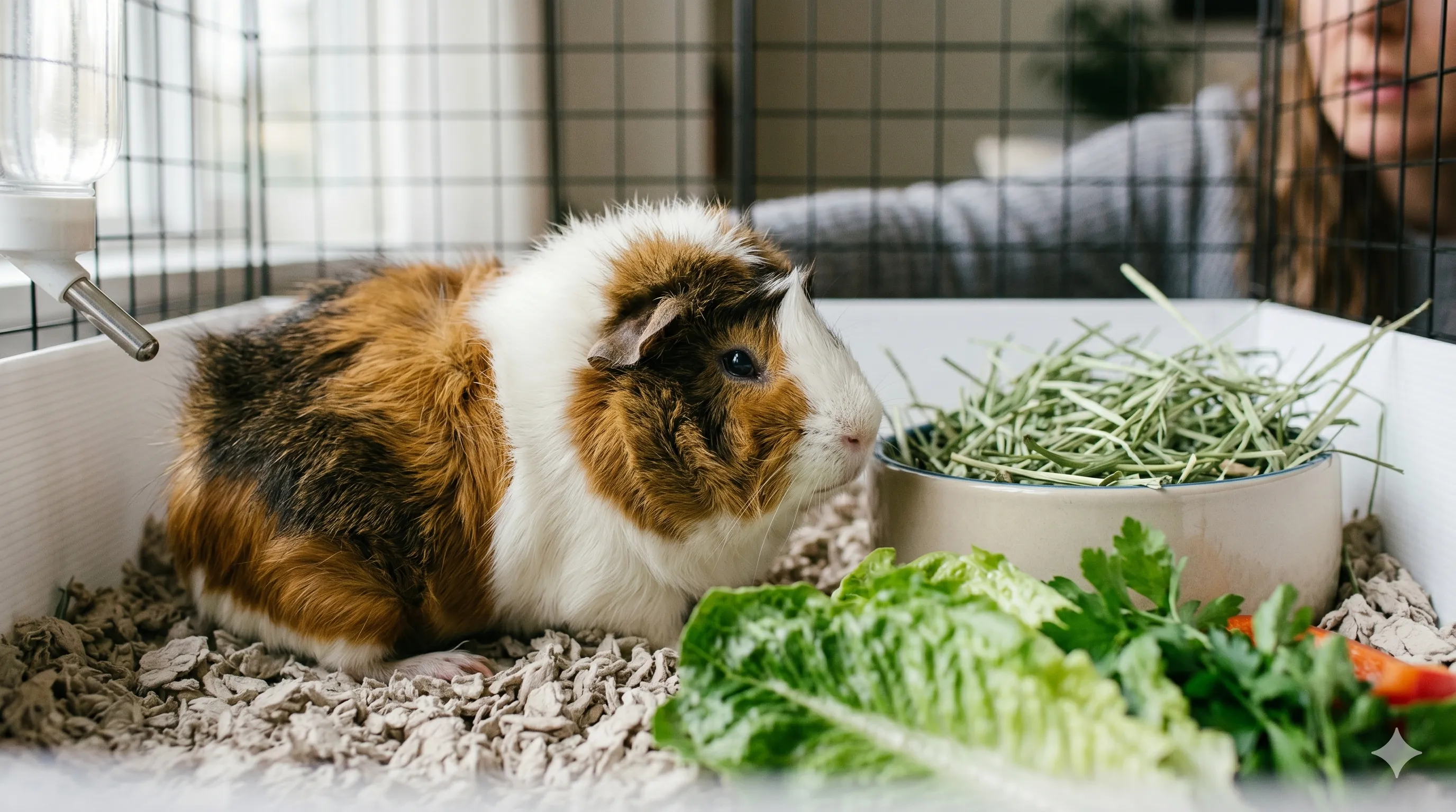 Close-up of guinea pig showing reduced appetite near food bowl and hay
