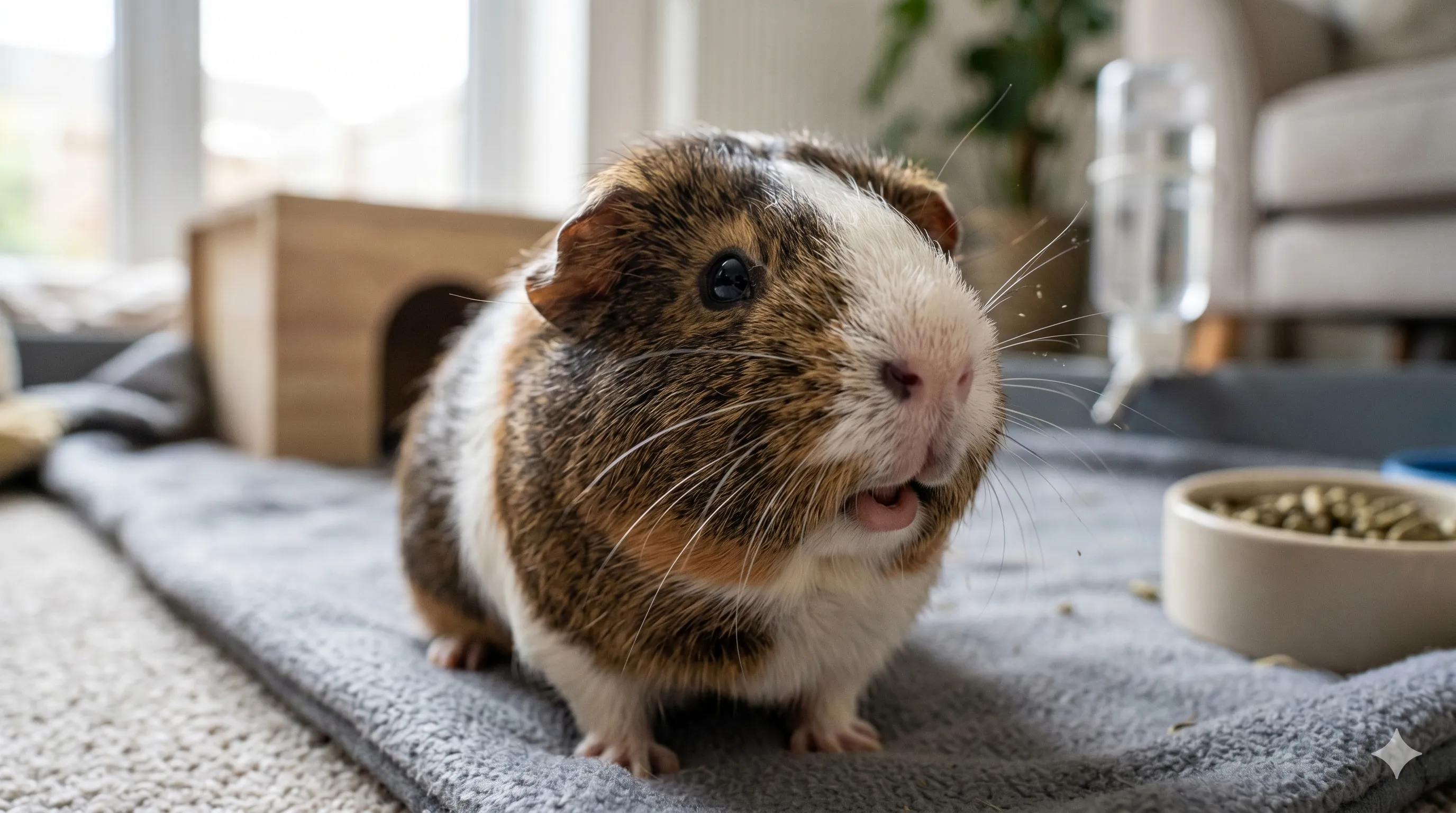 Close-up of guinea pig showing sneezing symptoms and possible respiratory irritation