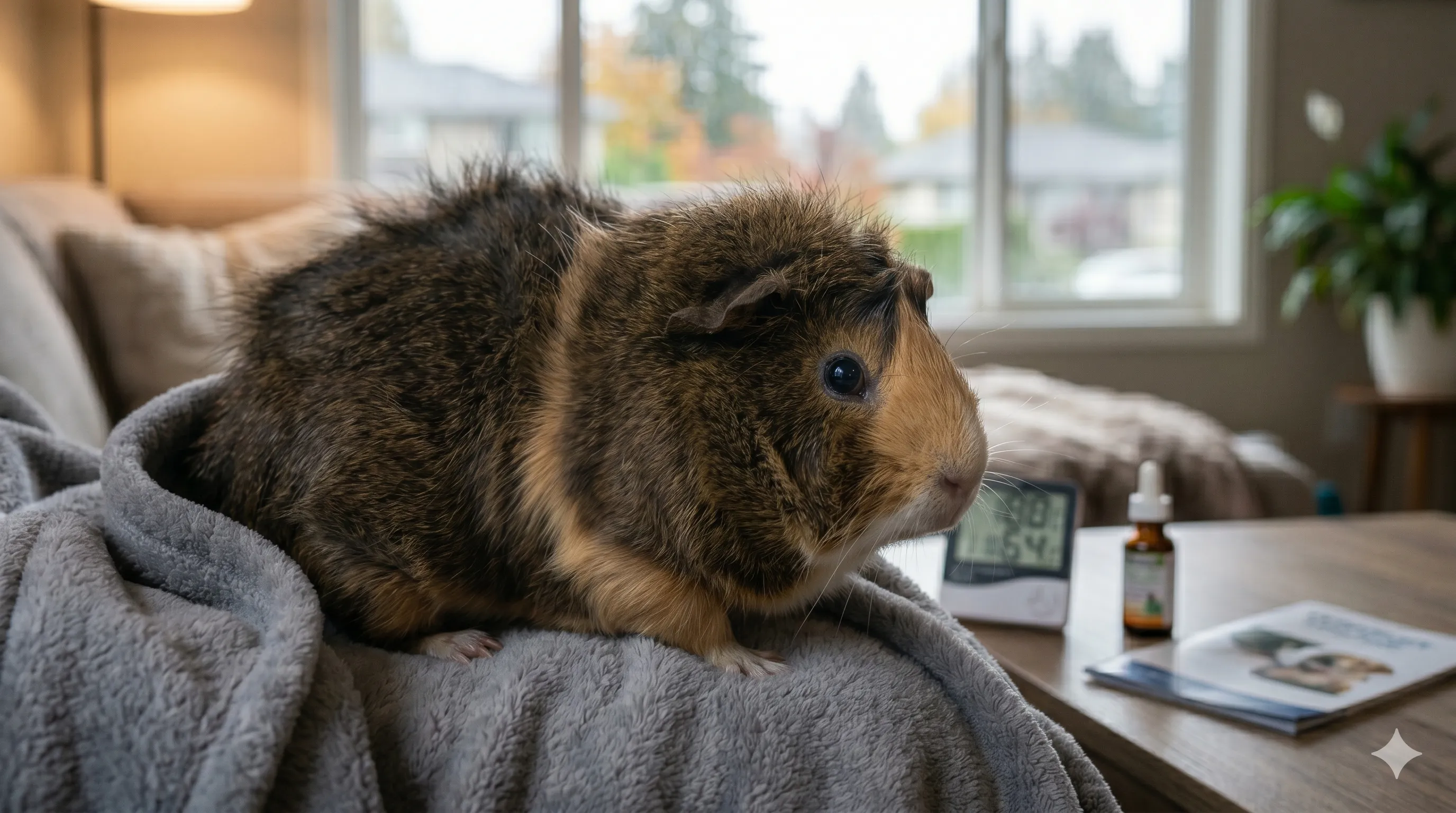 Close-up of guinea pig showing trembling posture and nervous body language indoors