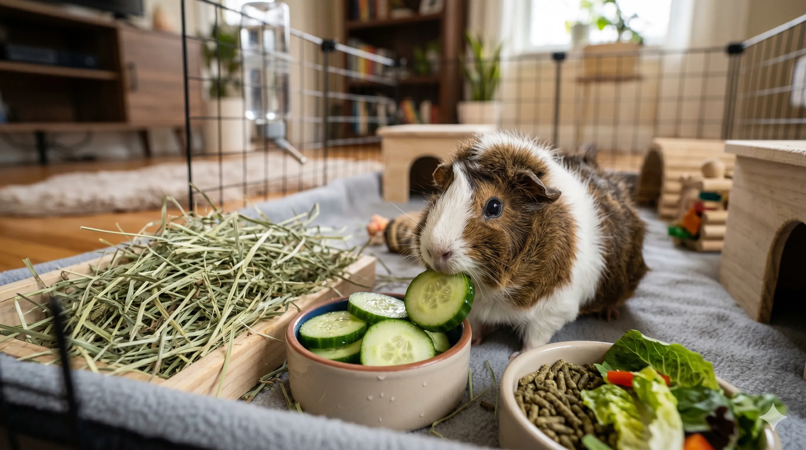 Guinea pig eating fresh cucumber slices indoors showing hydration benefits and healthy feeding