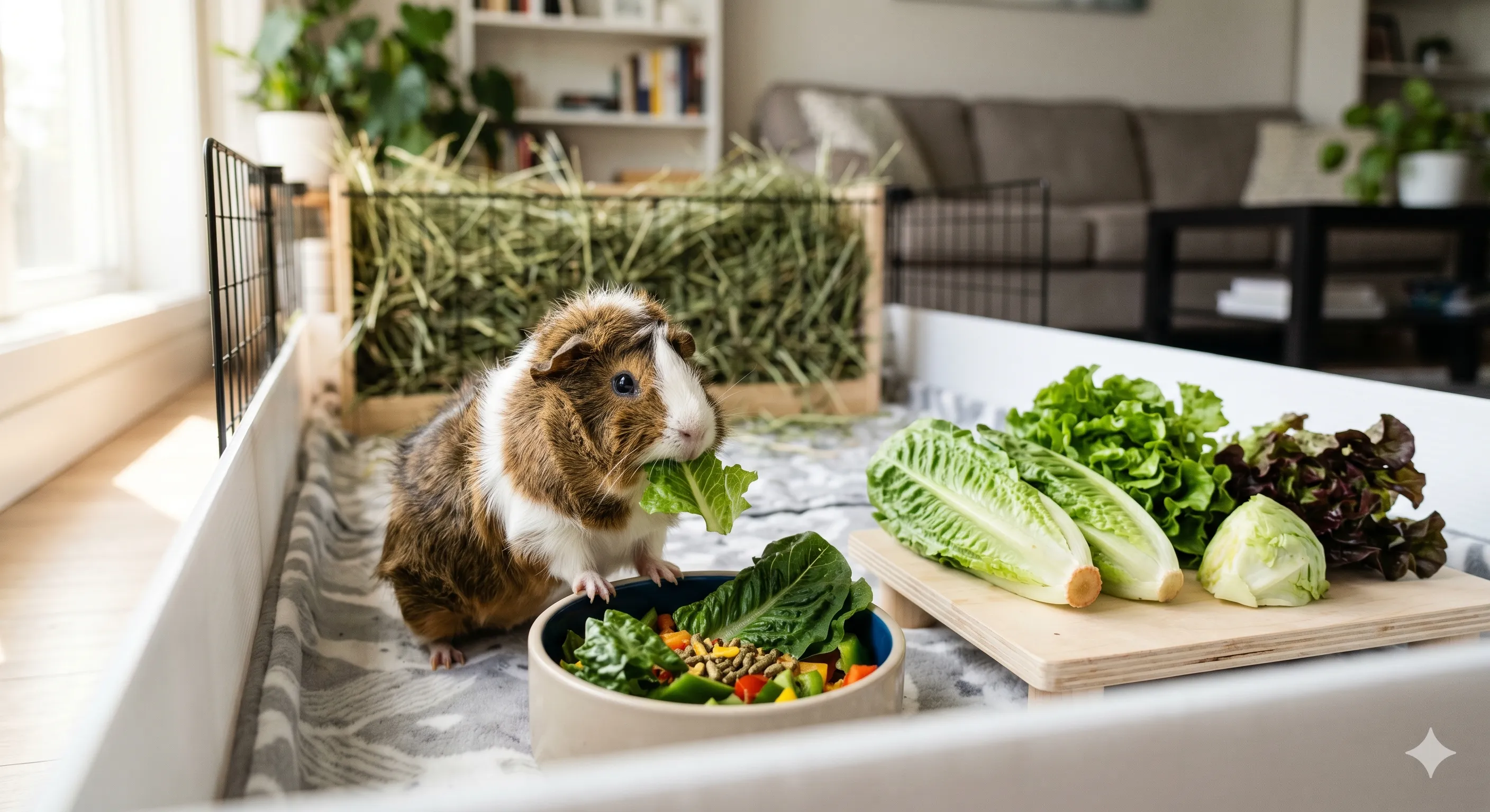 Guinea pig eating safe leafy lettuce indoors with healthy feeding choices and proper nutrition