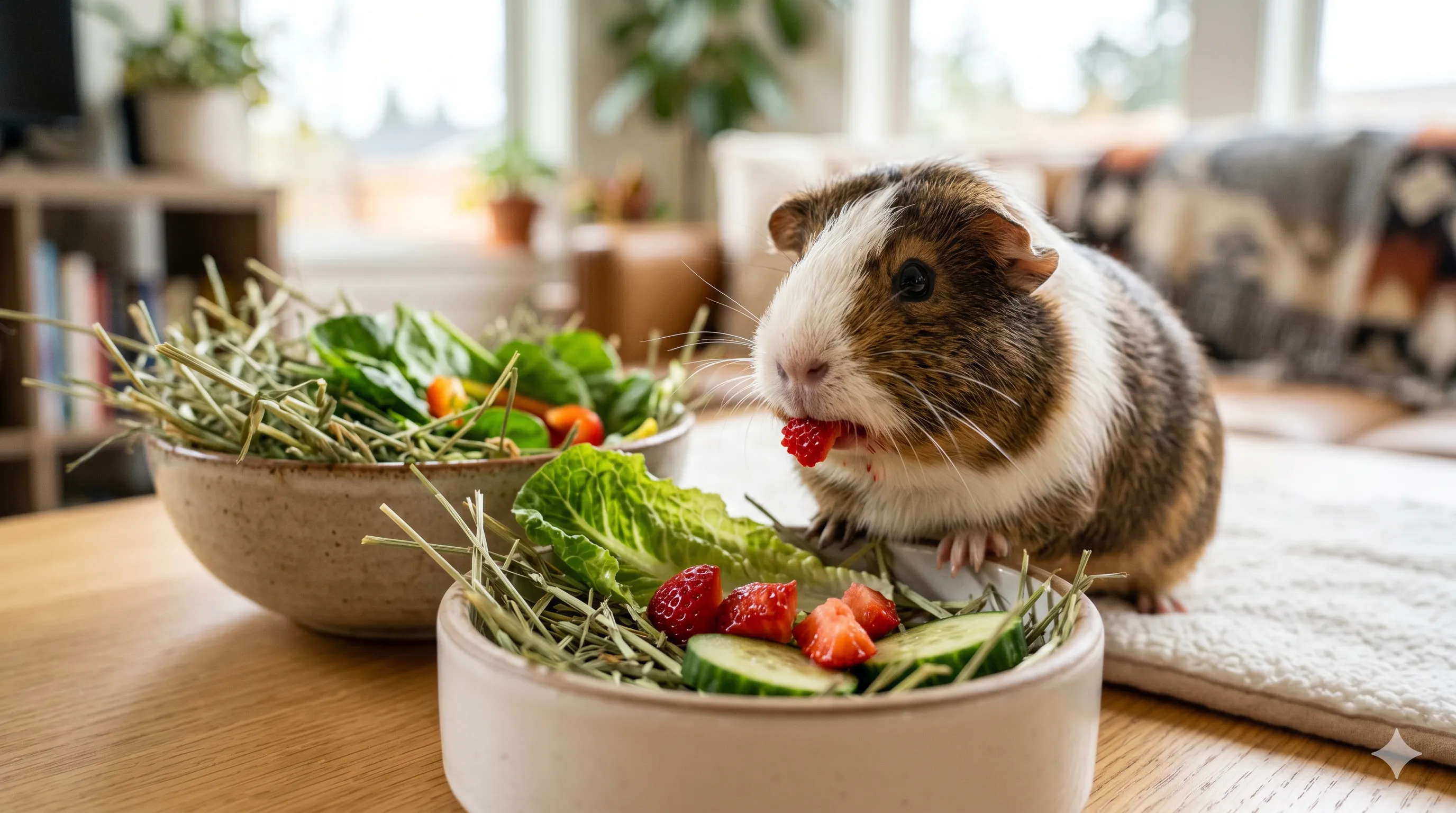 Guinea pig eating fresh strawberry pieces indoors as a safe occasional treat