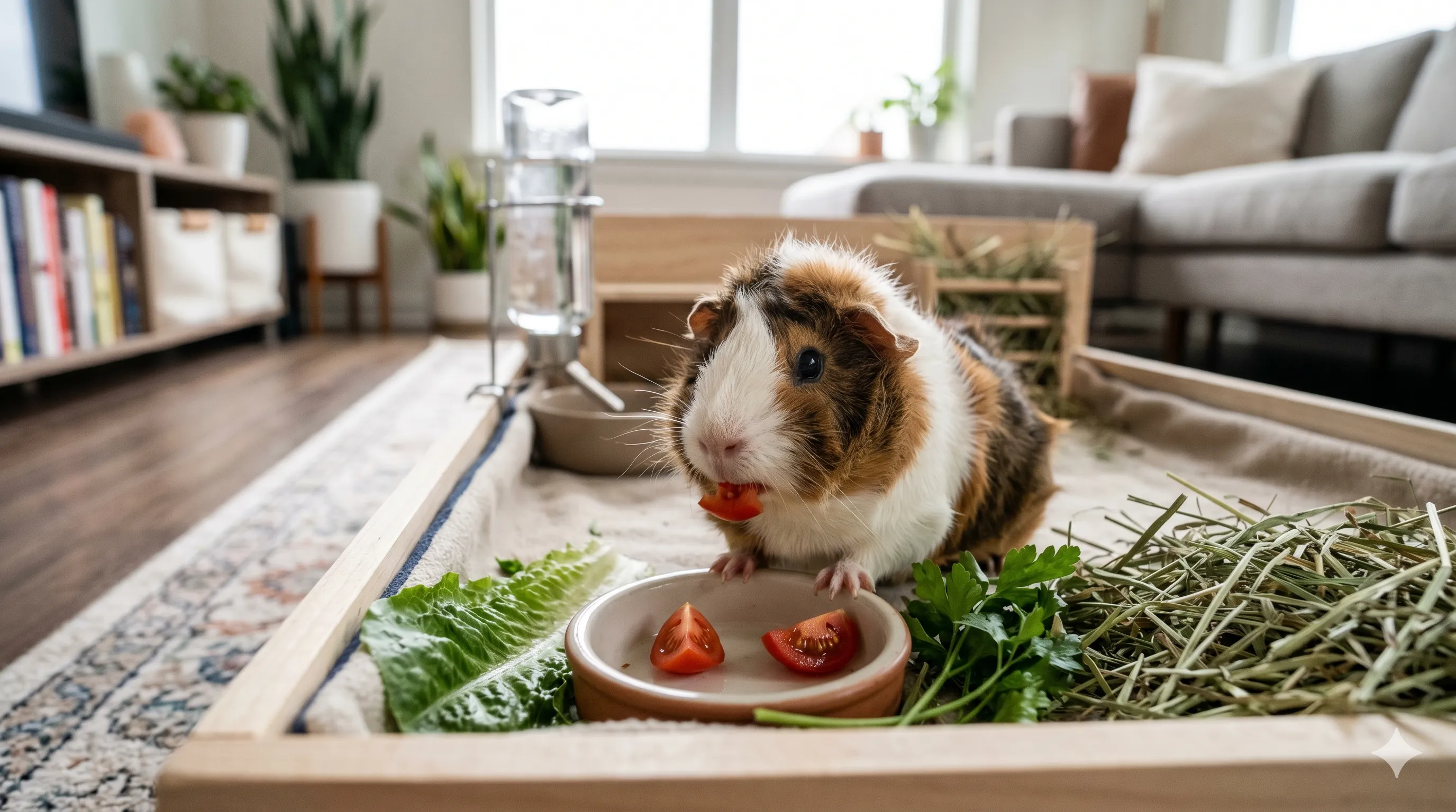 Guinea pig eating small tomato pieces indoors showing safe feeding portions and balanced nutrition