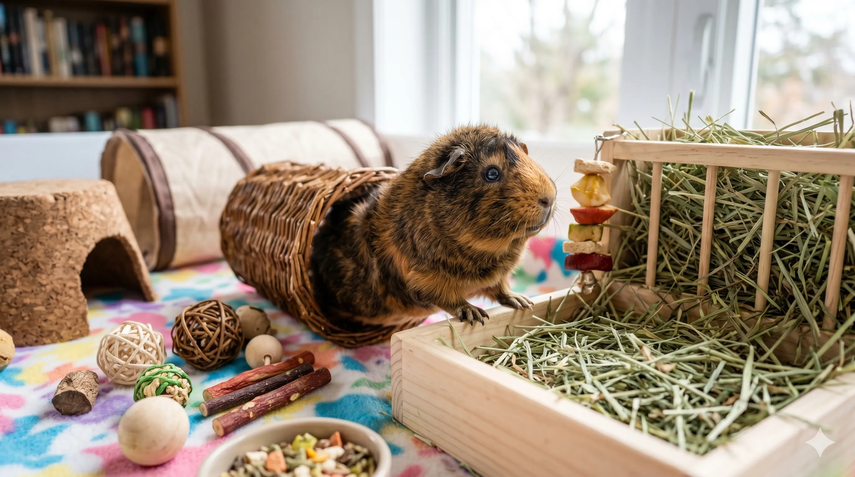 An Abyssinian guinea pig exploring a play area outside its cage