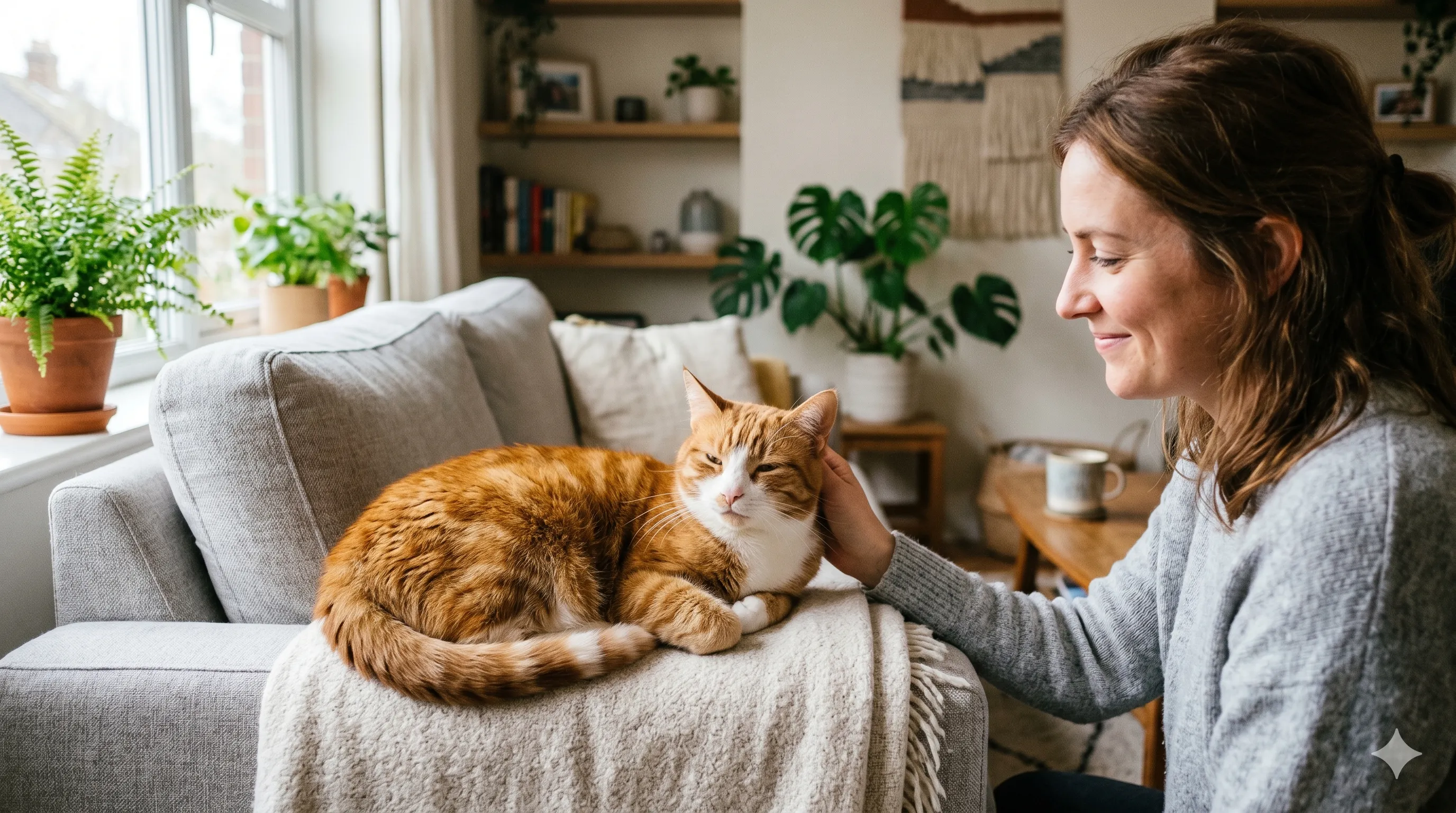 Happy cat relaxed near owner showing strong bond and trust