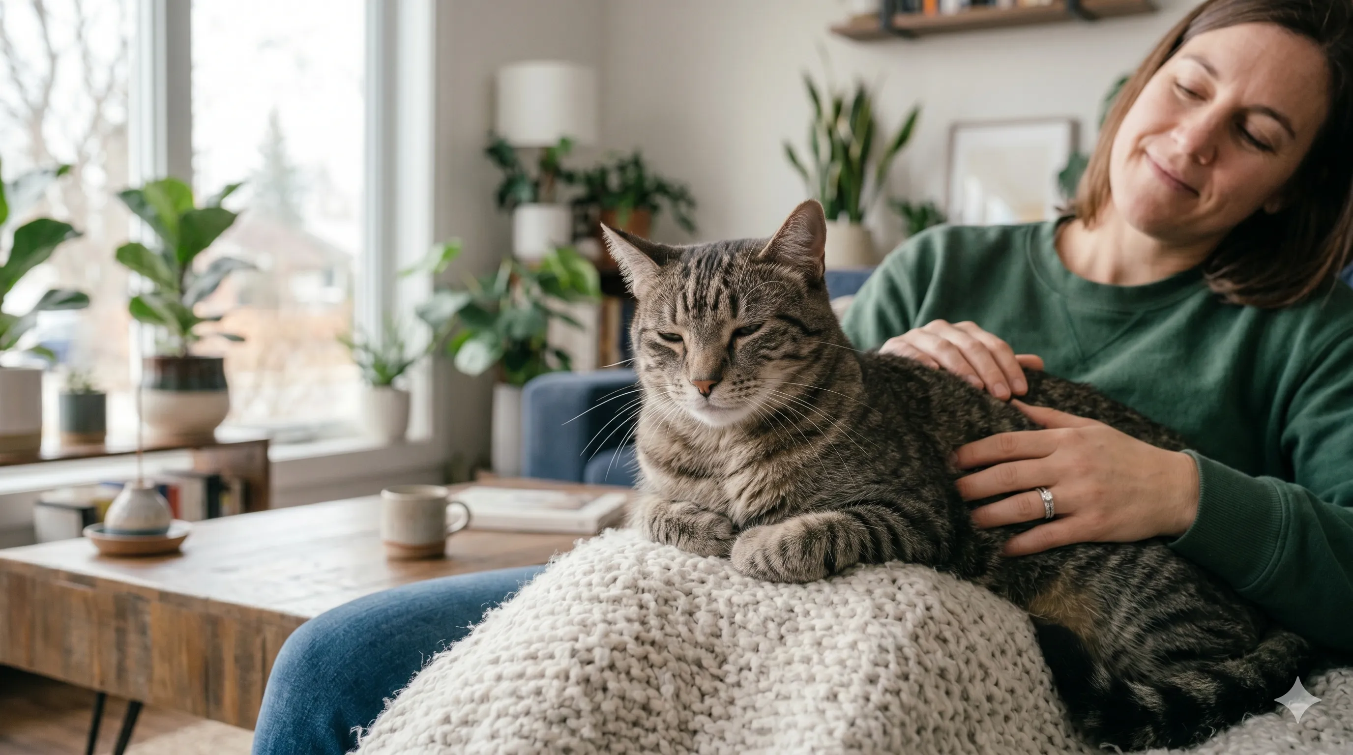 Calm and happy cat resting peacefully after kneading behavior