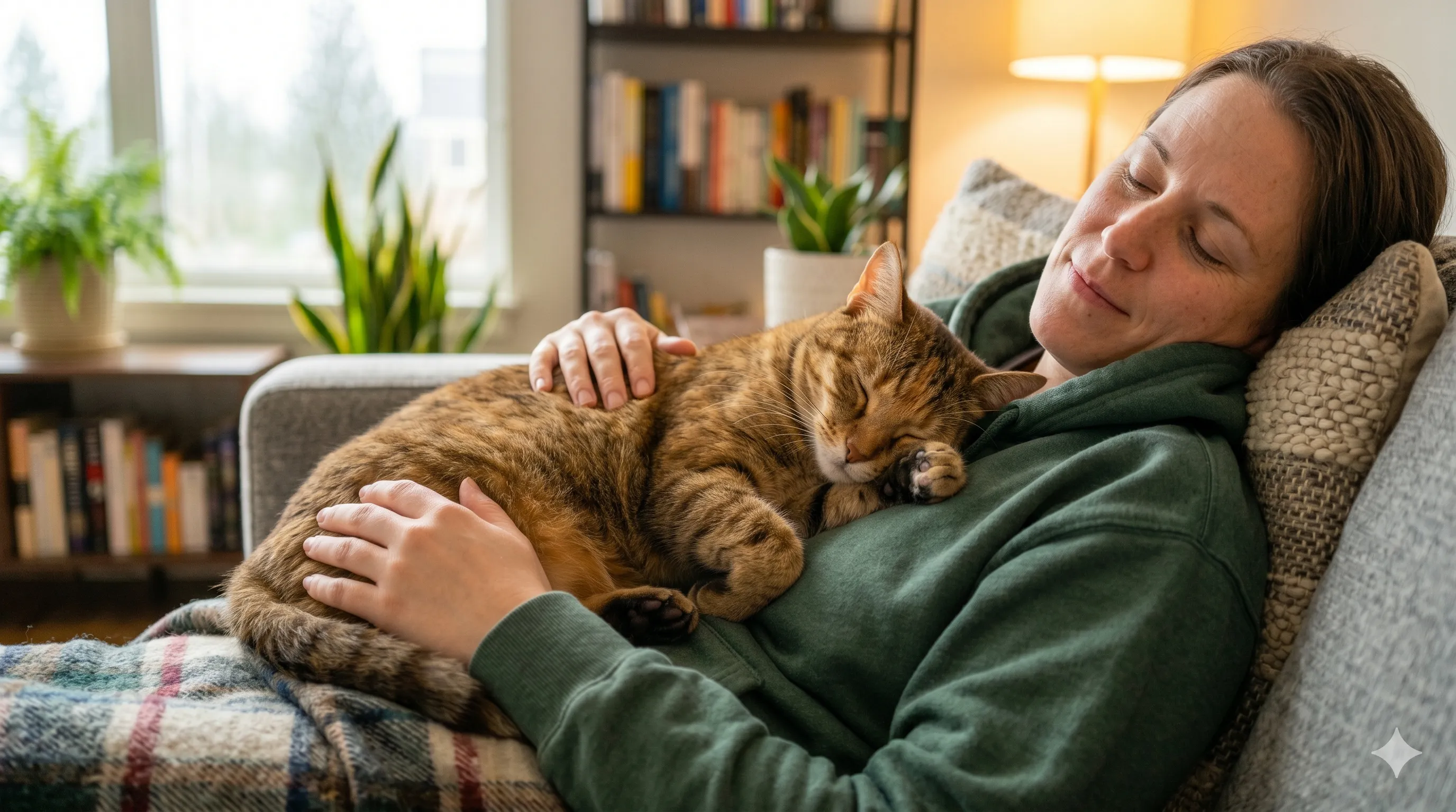 Calm and happy cat resting peacefully after bonding with owner