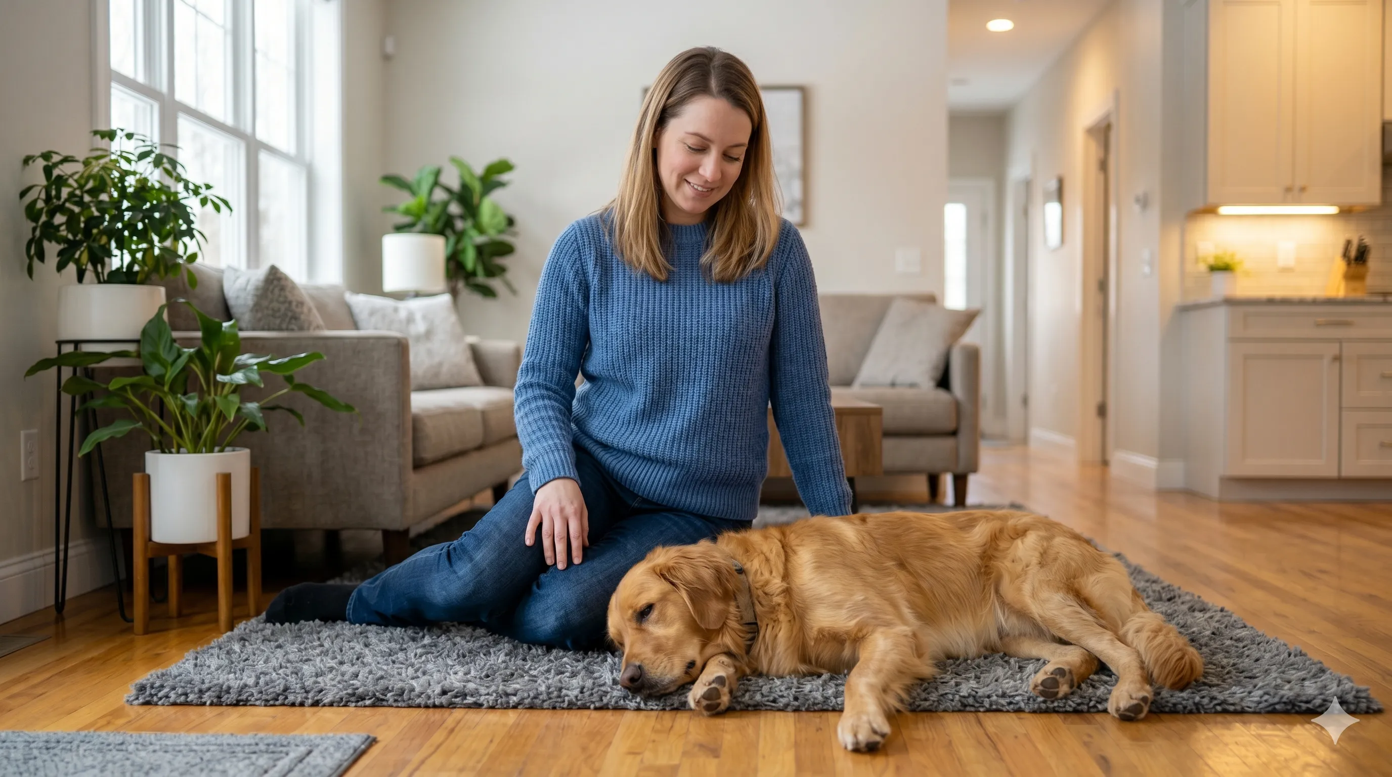 Pet owner interacting with dog that follows them for attention and bonding