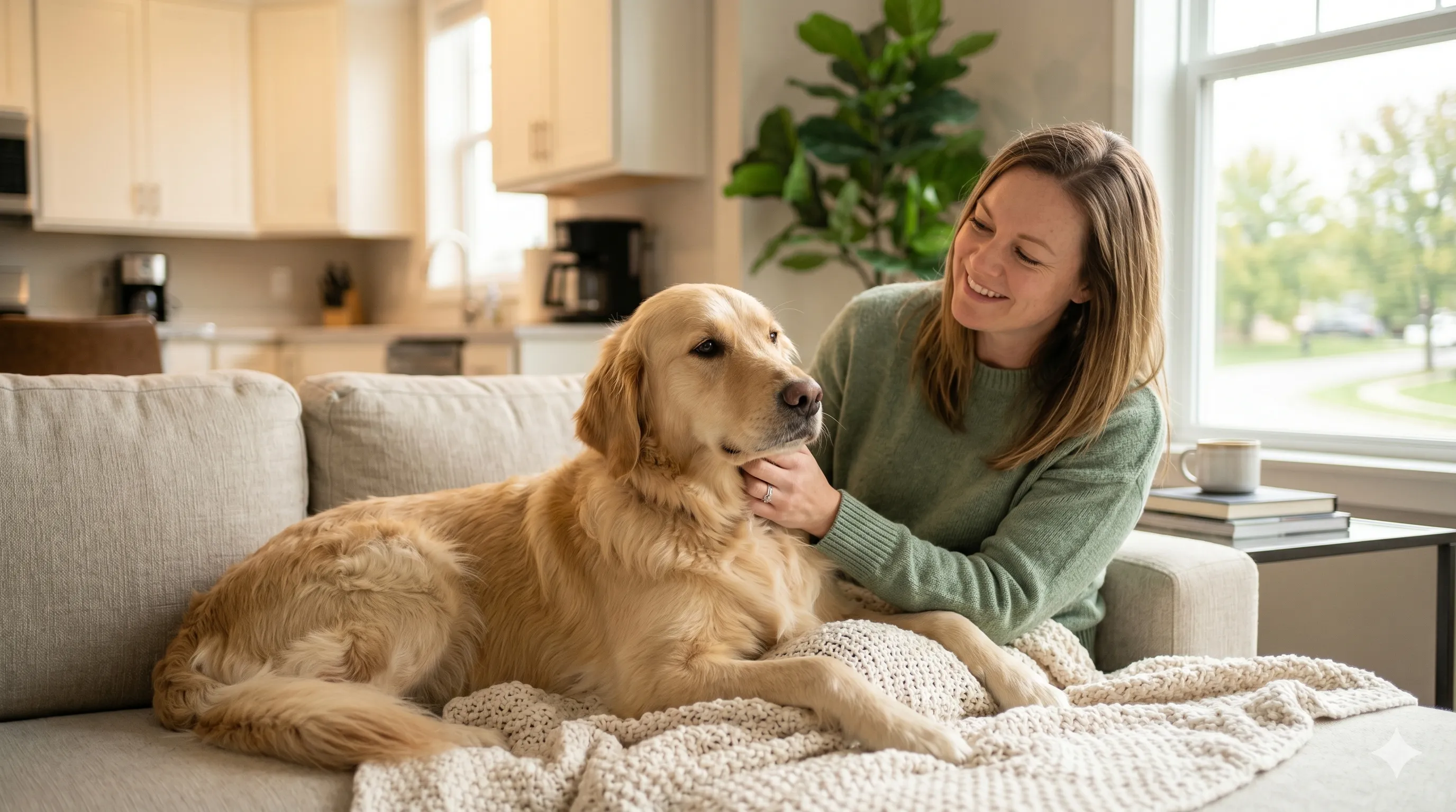 Happy dog relaxed after showing affection by licking owner