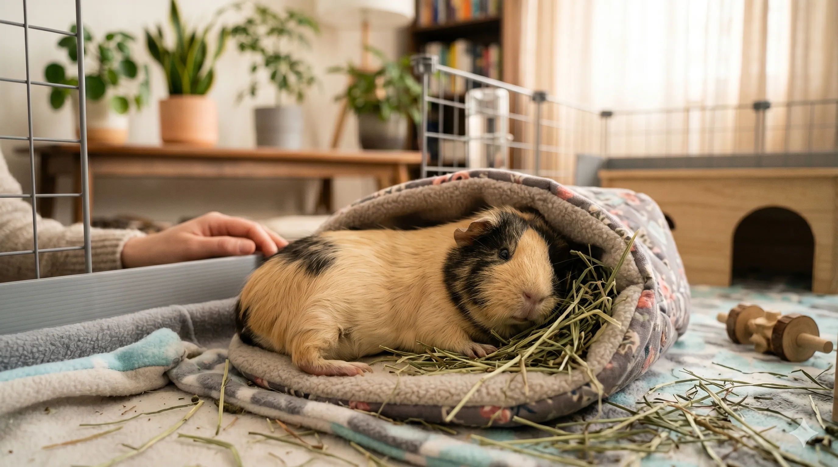 Happy guinea pig relaxing comfortably after receiving attention and care indoors