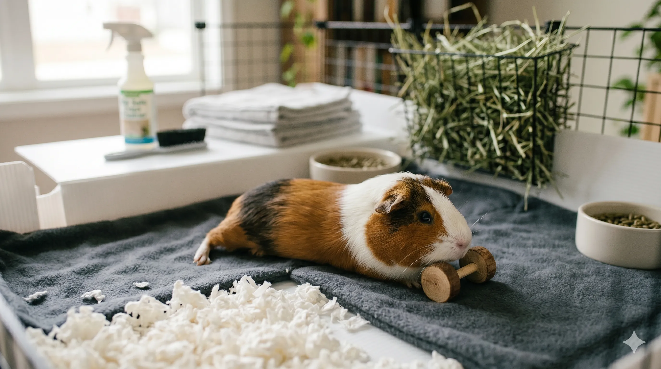 guinea-pig-in-clean-cage Happy guinea pig relaxing in freshly cleaned cage with clean bedding and hay