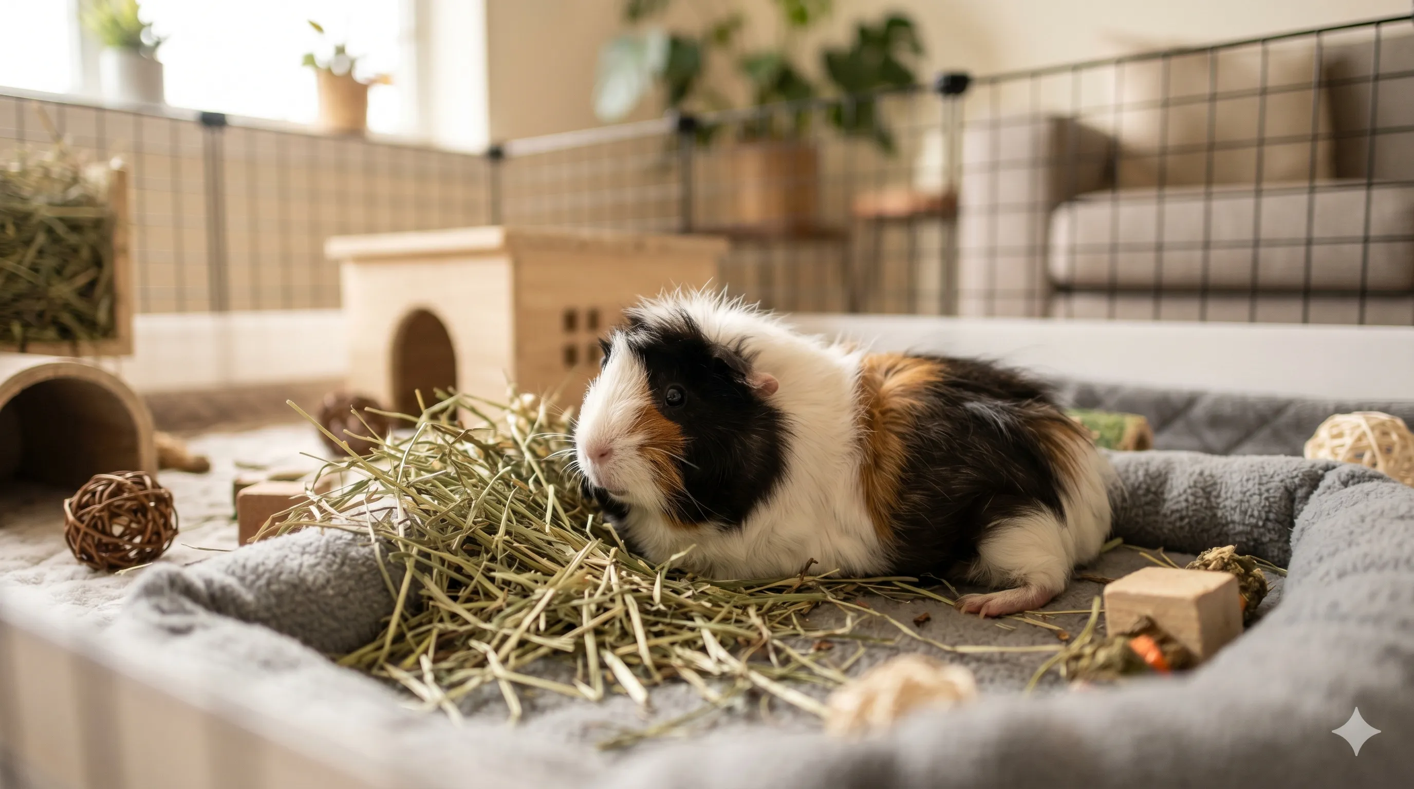 Happy guinea pig relaxing comfortably after energetic play and popcorning indoors