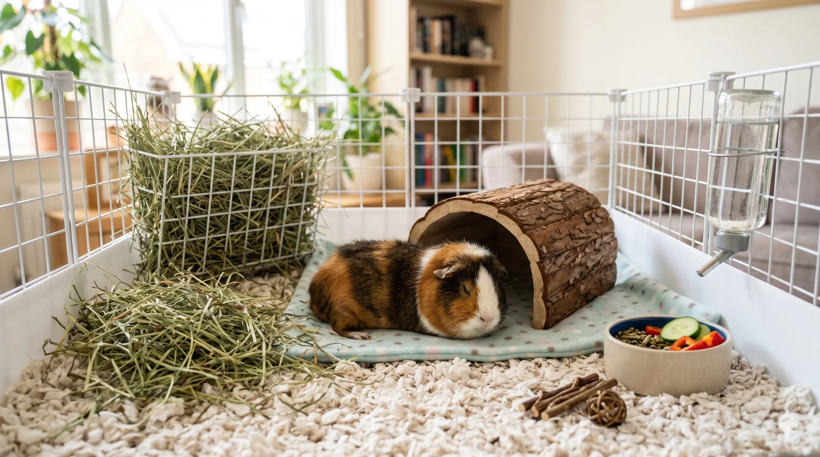 guinea-pig-resting-on-bedding Happy guinea pig resting comfortably on clean bedding in healthy habitat