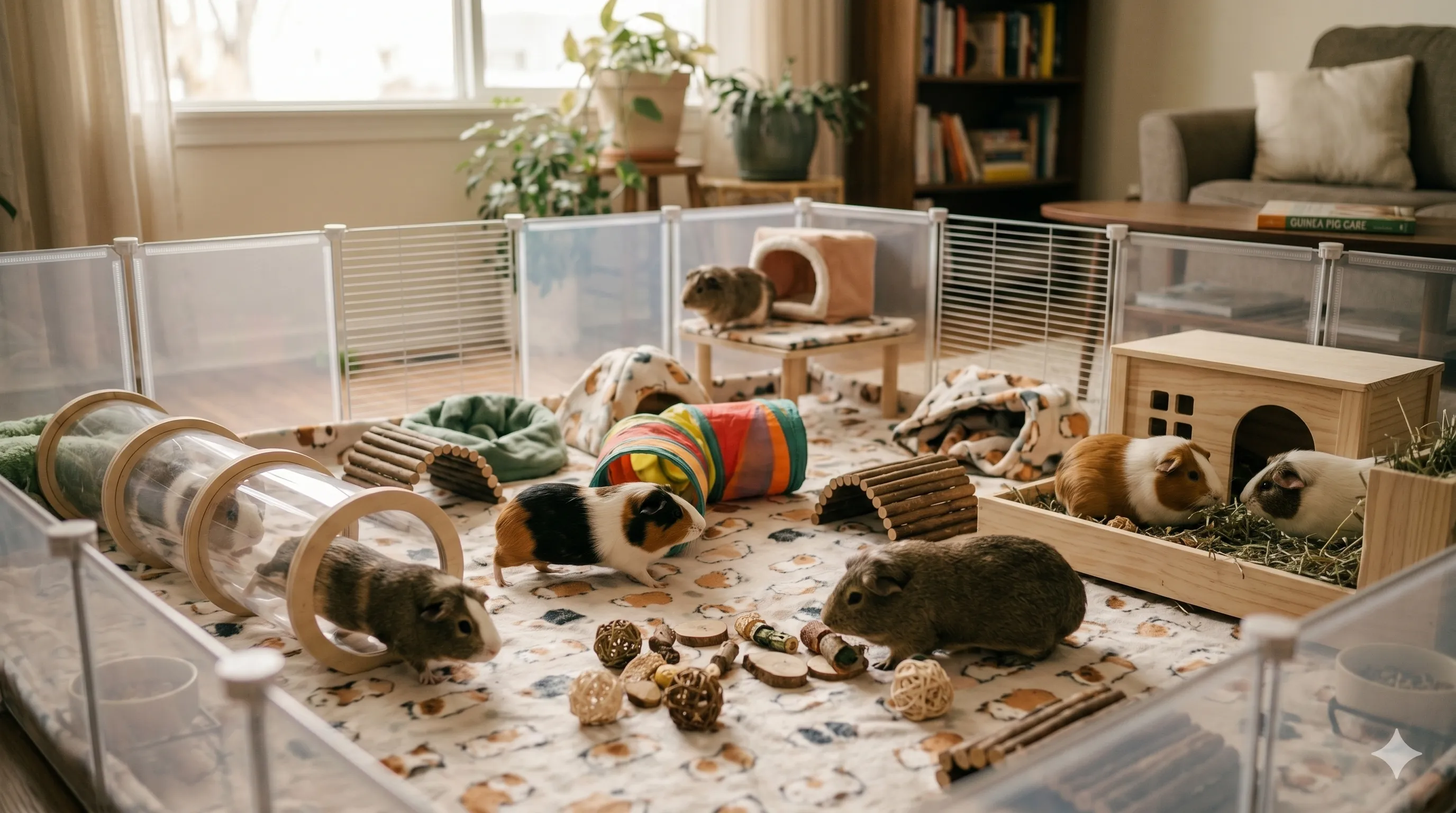 guinea-pigs-playing-in-playpen Happy guinea pigs exercising and playing inside a spacious indoor playpen