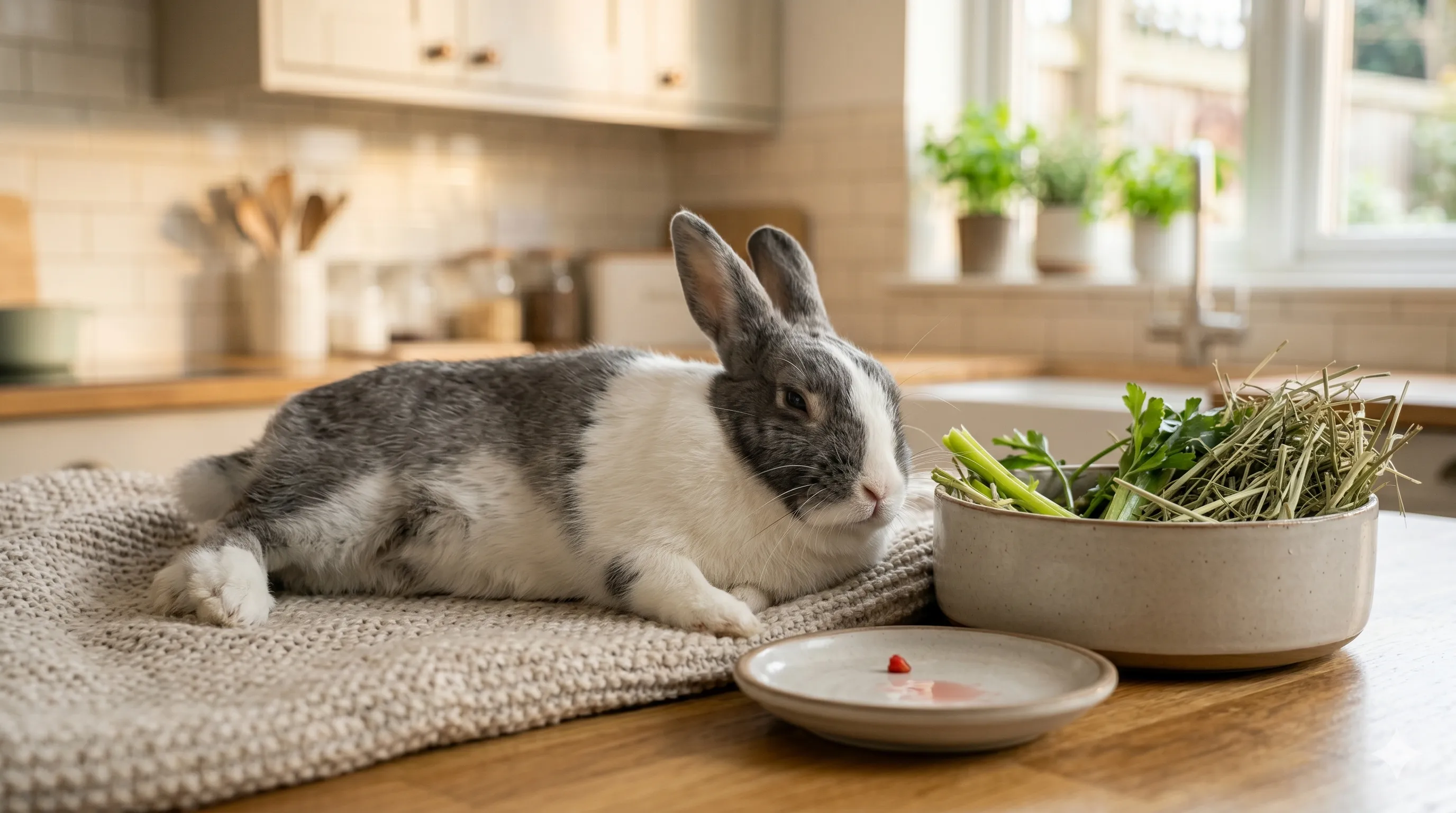 happy-rabbit-after-healthy-fruit-treat-image-3 Happy rabbit relaxing comfortably after eating healthy strawberry treat in moderation