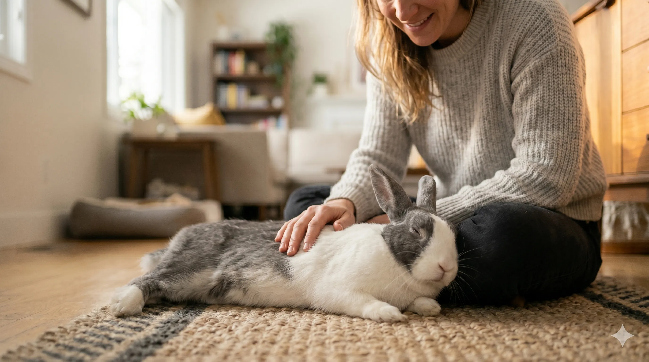 Happy-rabbit-relaxed-after-bonding-owner-image-3 Calm rabbit relaxed near owner showing trust and social bonding