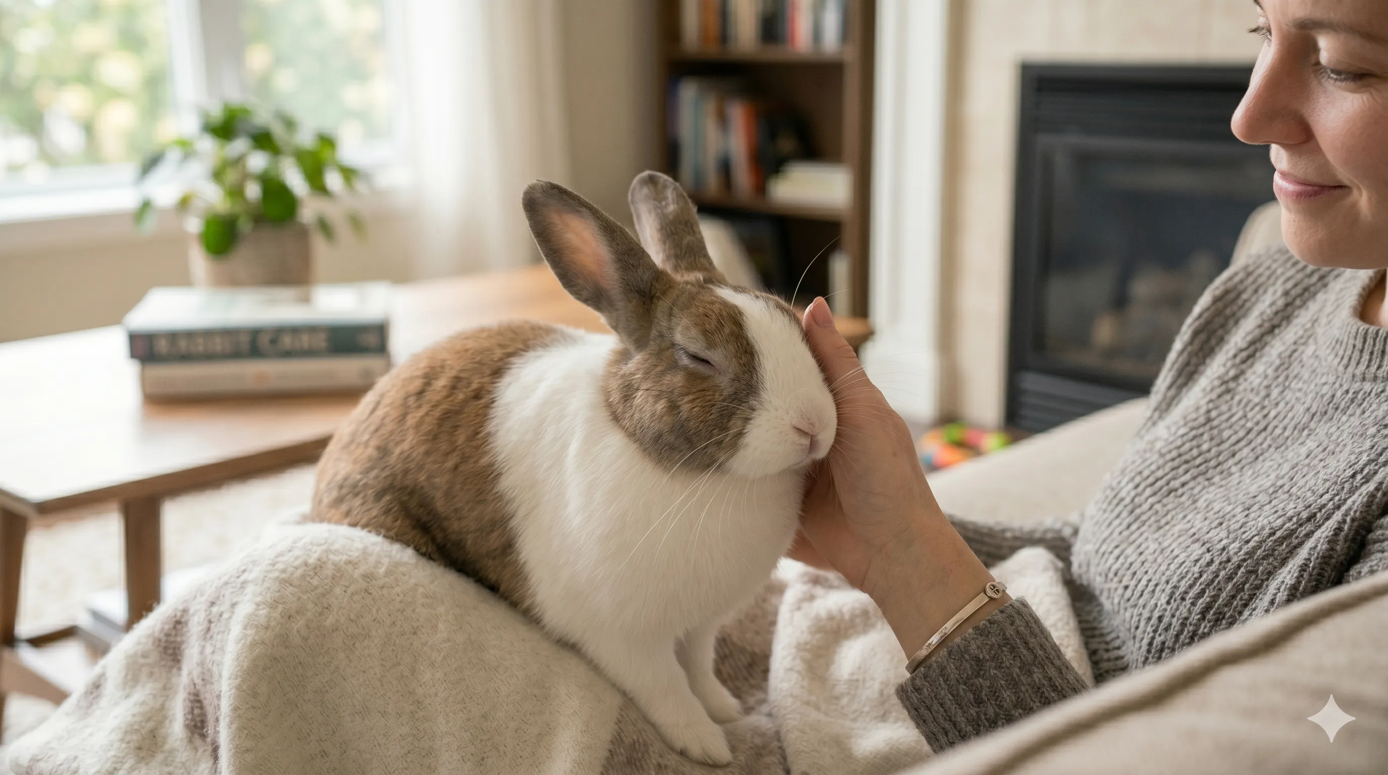 happy-rabbit-relaxed-after-bonding-image-3 Calm rabbit resting comfortably after affectionate interaction with owner