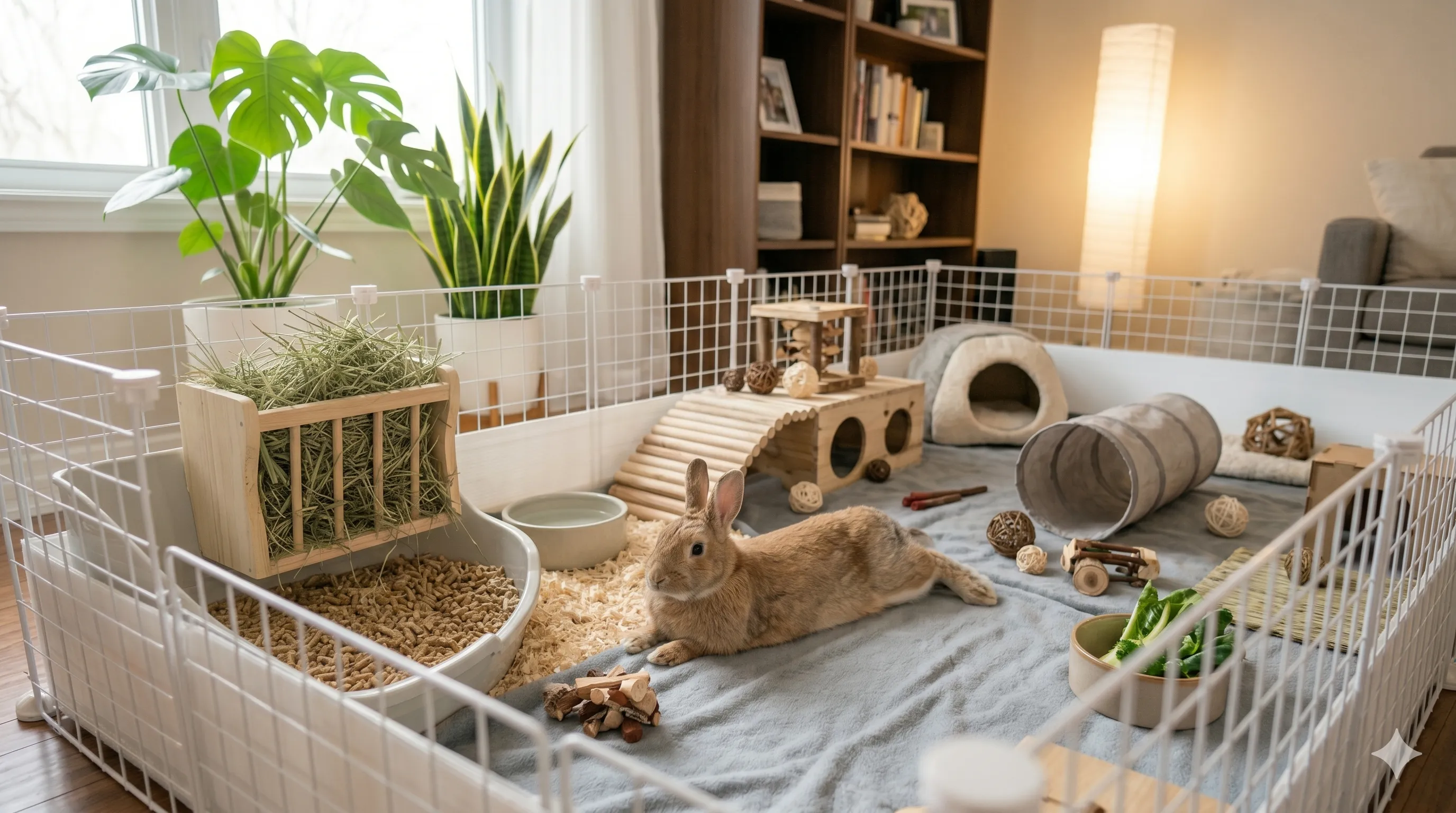 Happy rabbit relaxing comfortably inside spacious cozy indoor enclosure after proper setup