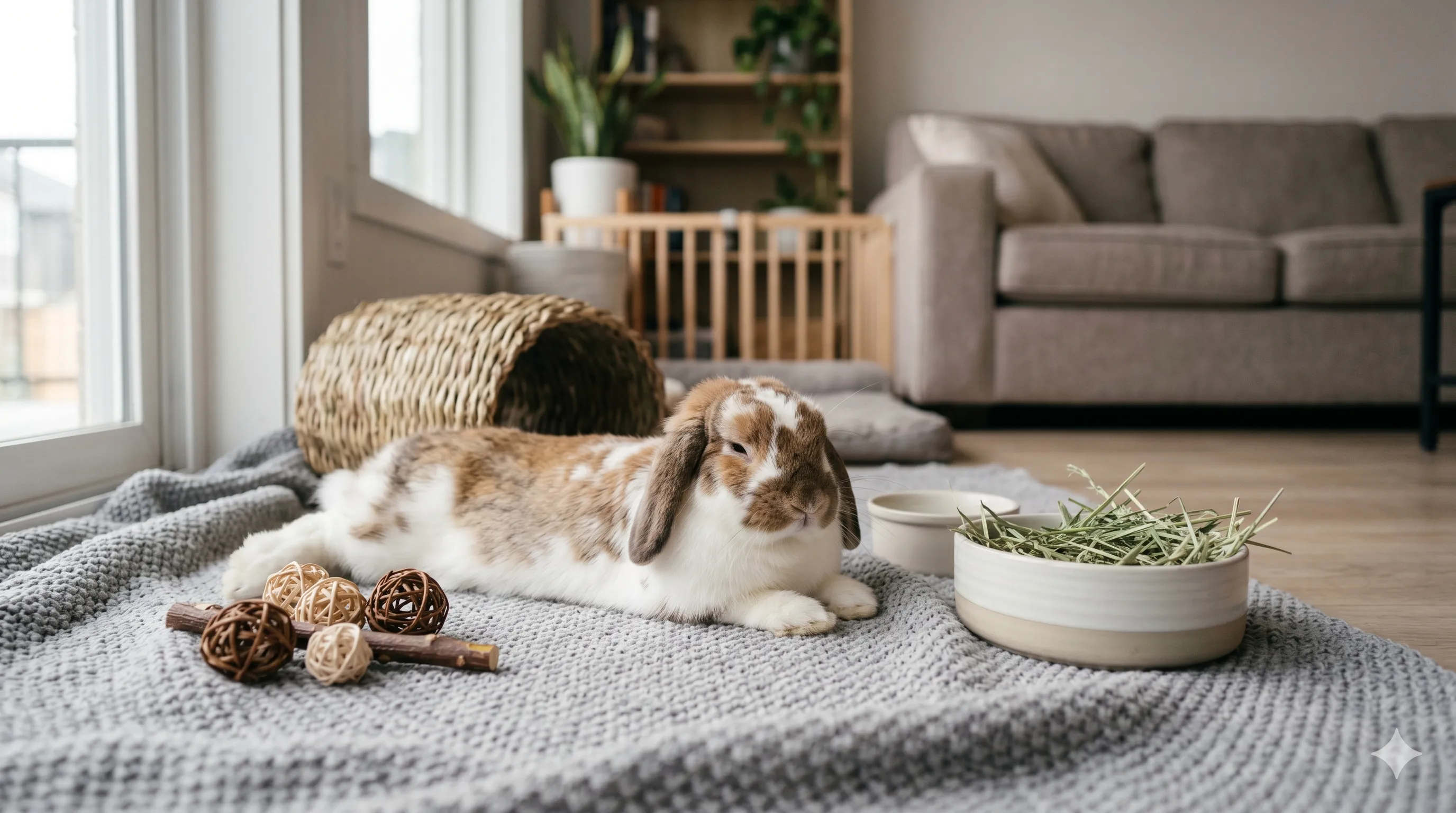 Happy rabbit relaxing comfortably in safe indoor free roam environment after playtime