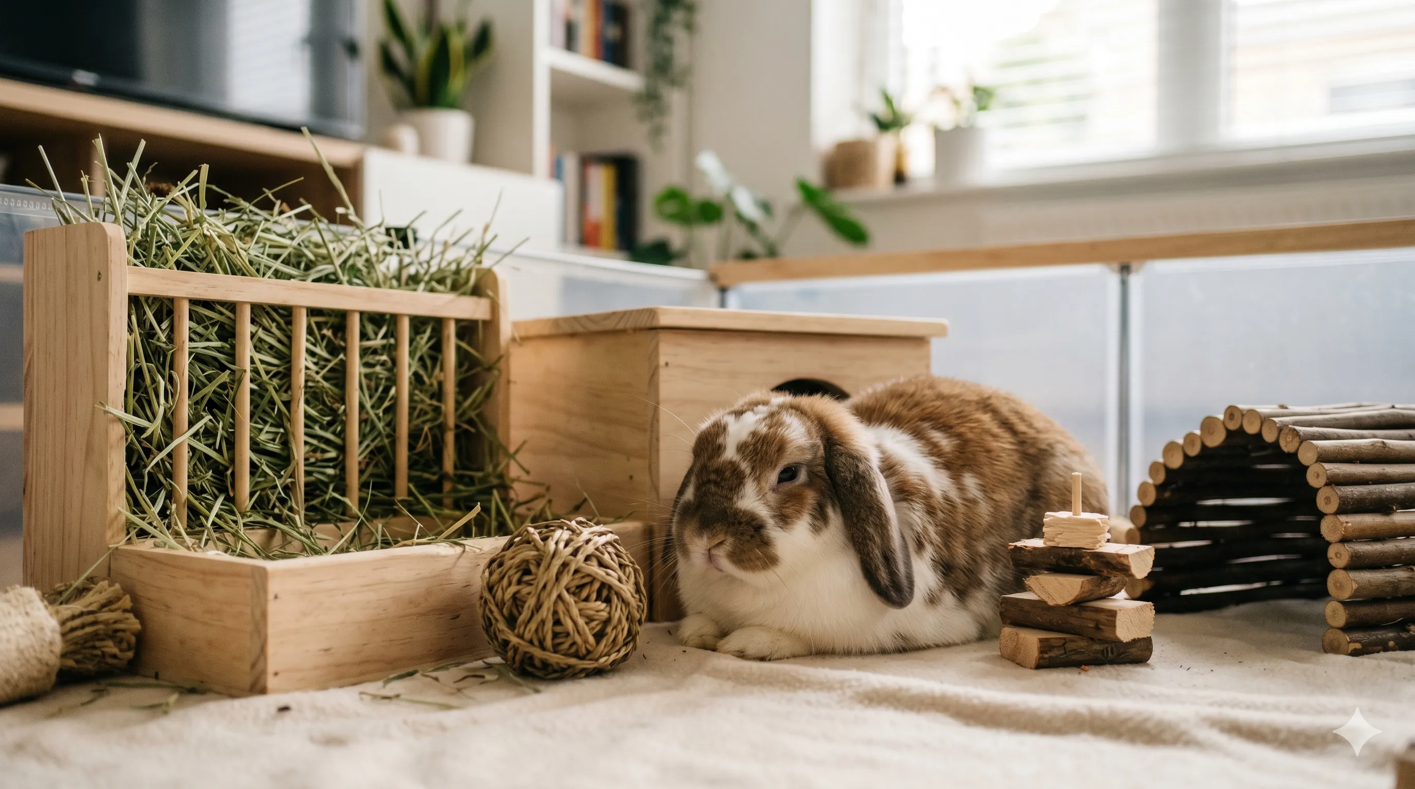 happy-rabbit-relaxing-in-safe-home-image-3 Happy rabbit relaxing comfortably in clean safe indoor home environment after proper care