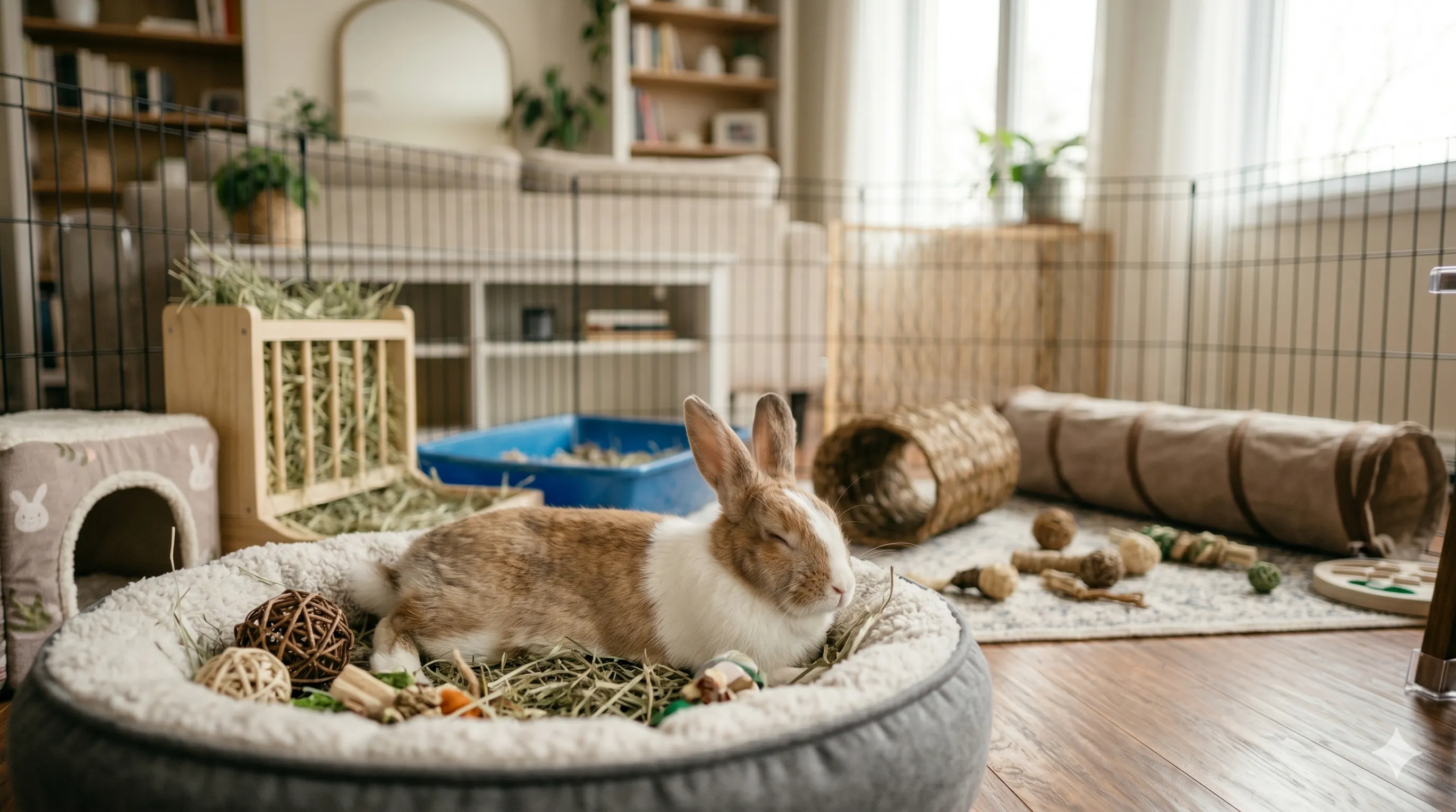 happy-rabbit-resting-in-indoor-home-image-3 Happy rabbit relaxing comfortably in cozy indoor home environment after proper care