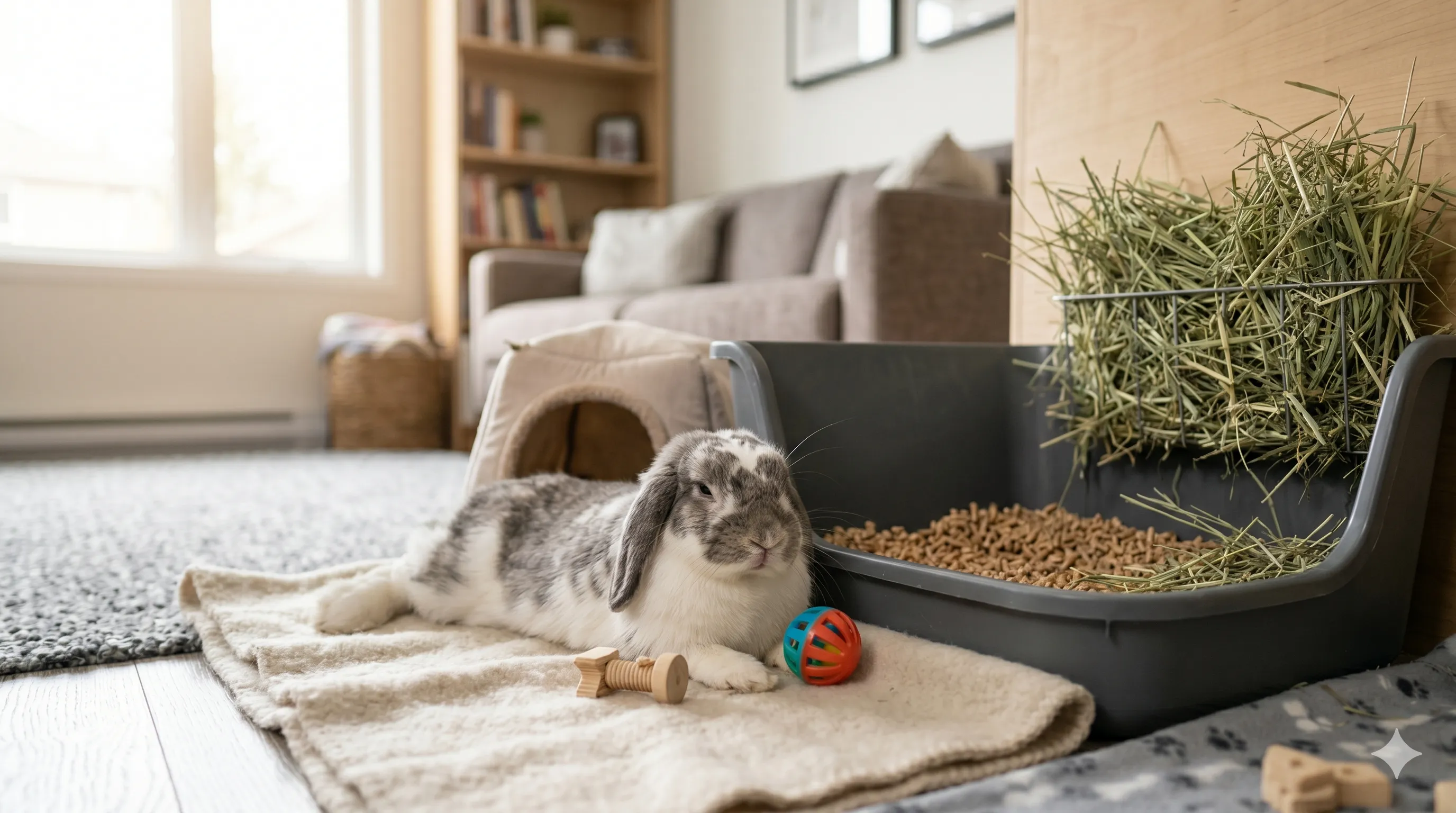 happy-rabbit-successfully-litter-trained-image-3 Happy rabbit relaxing near clean litter box after successful potty training indoors