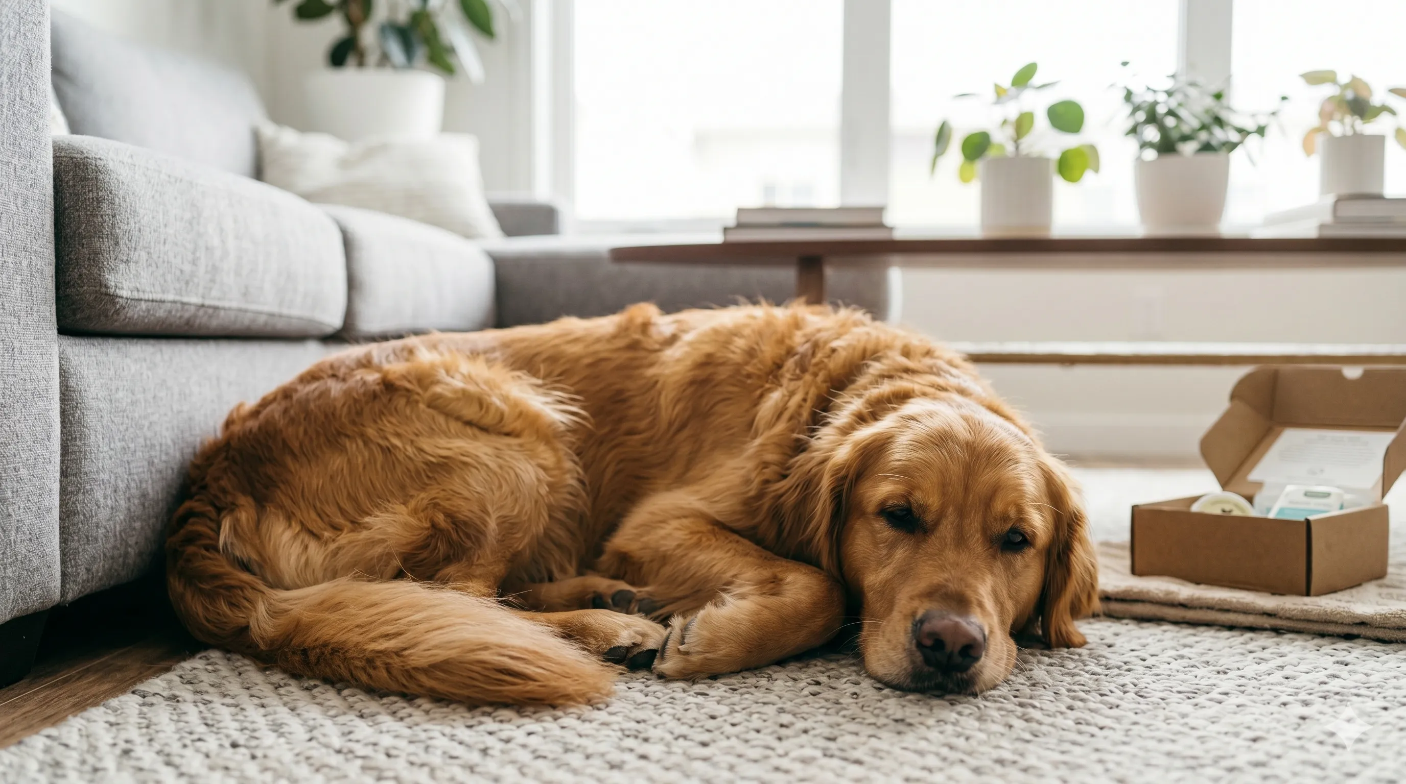 Healthy dog relaxed with no excessive paw licking after proper care