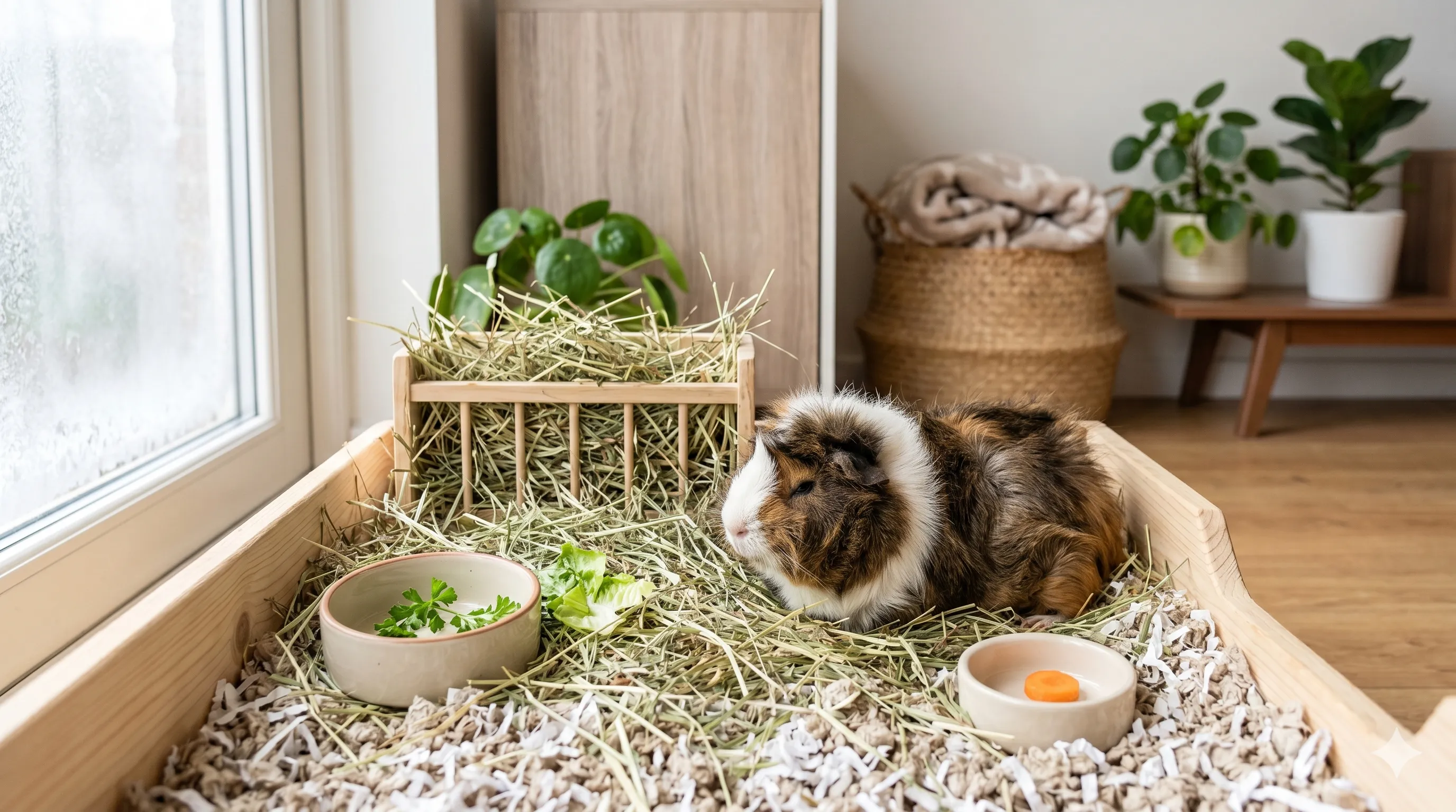 Healthy guinea pig relaxing comfortably after eating carrot treat as part of balanced diet