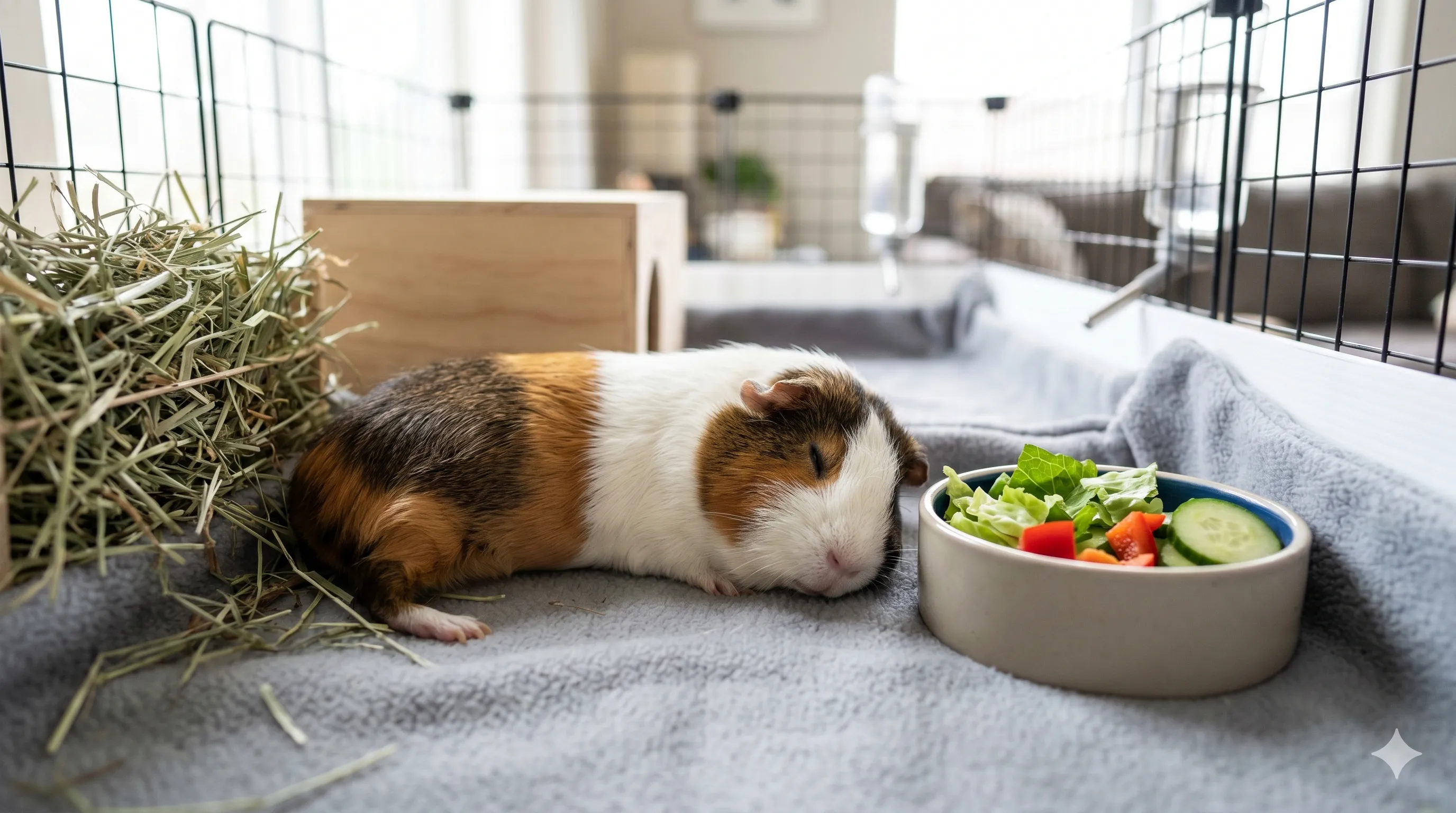 Healthy guinea pig relaxing comfortably after proper care and clean habitat conditions