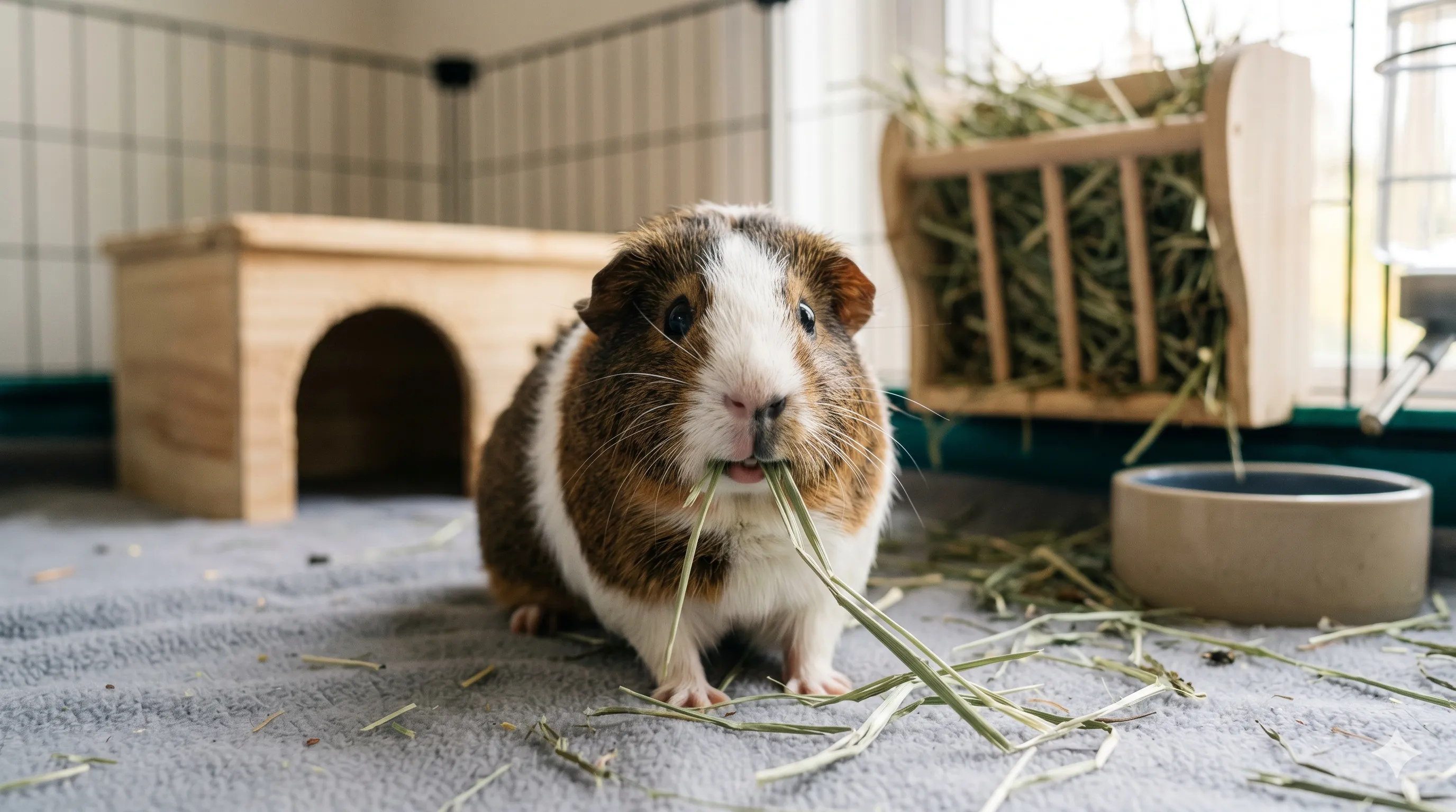 Healthy guinea pig chewing hay to maintain proper tooth length and dental health