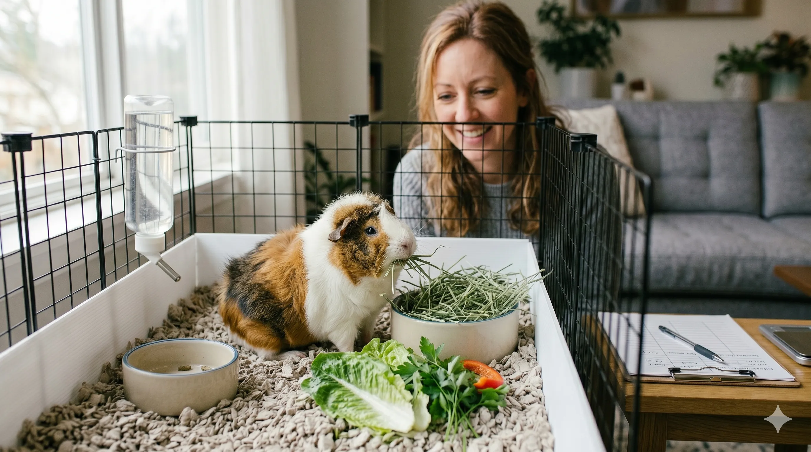 Healthy guinea pig eating hay normally after proper care and recovery