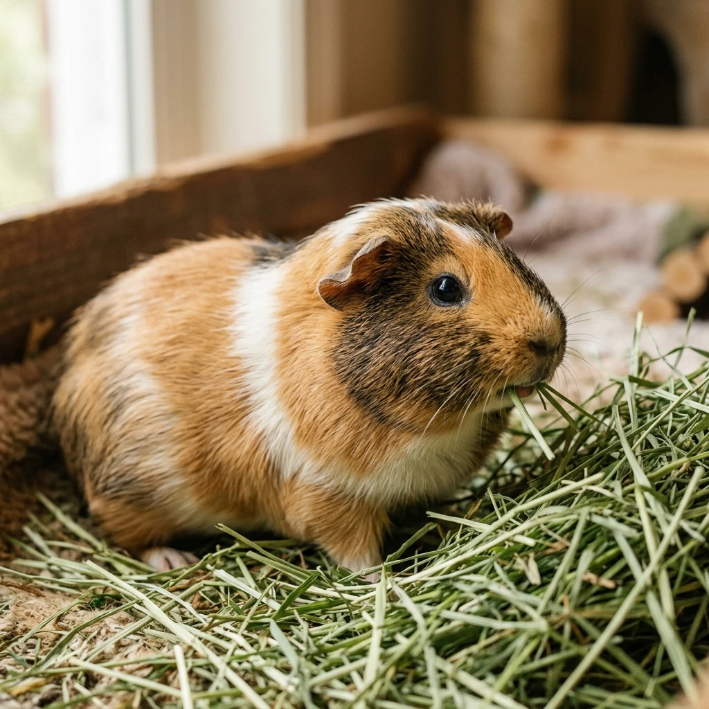Healthy guinea pig eating fresh grass hay as part of a balanced weight-maintaining diet