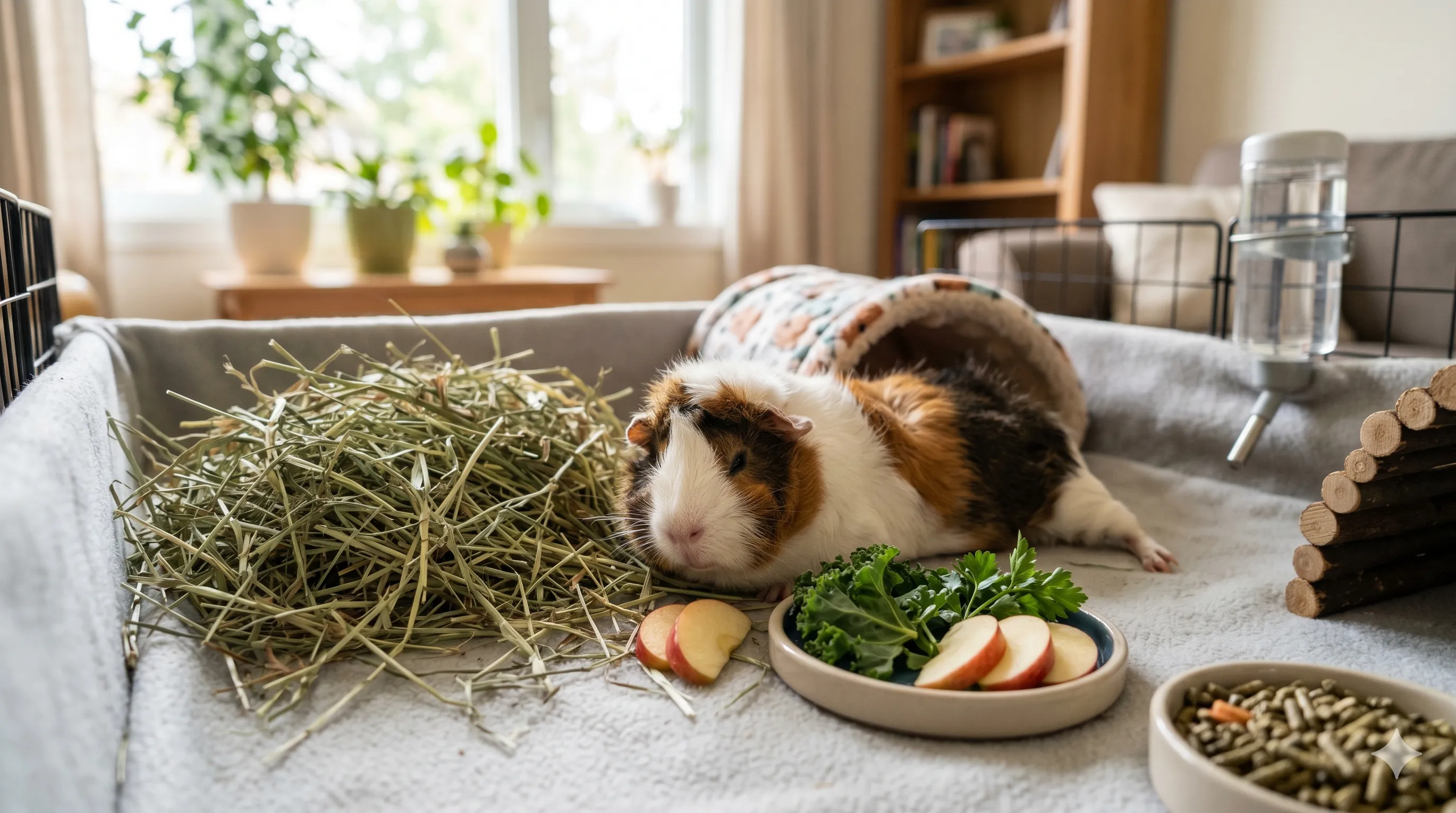 Healthy guinea pig relaxing comfortably after eating apple treat in moderation indoors