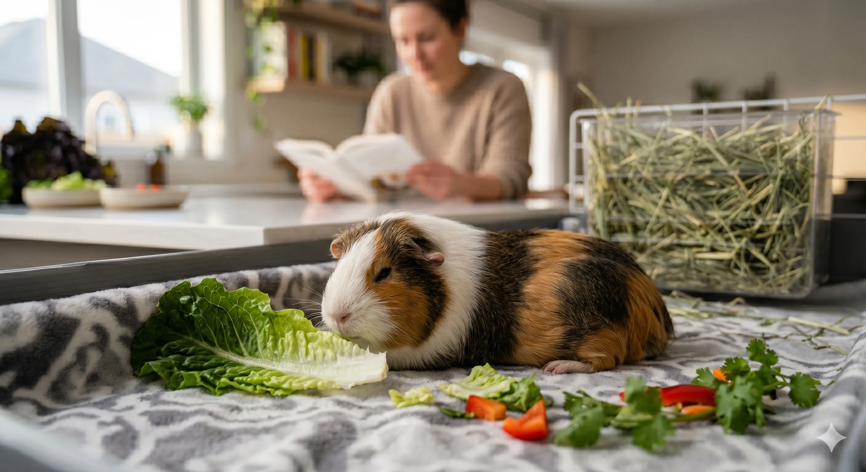 Healthy guinea pig relaxing after eating leafy greens as part of balanced daily diet