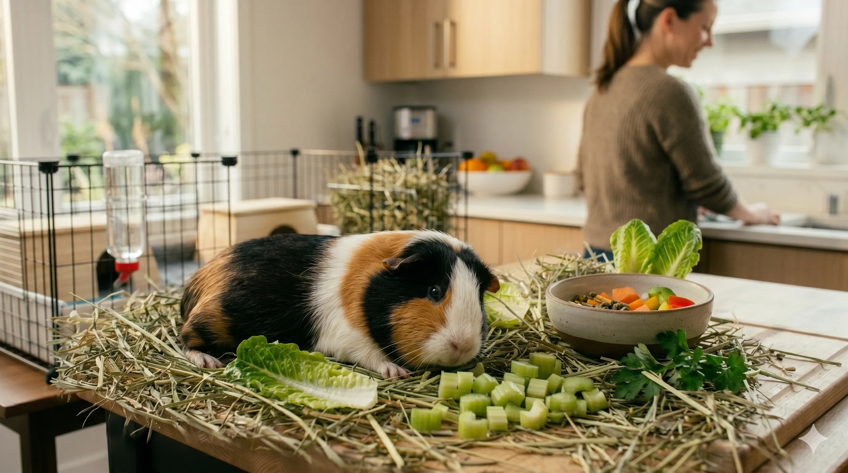 Healthy guinea pig relaxing comfortably after eating celery as part of balanced diet