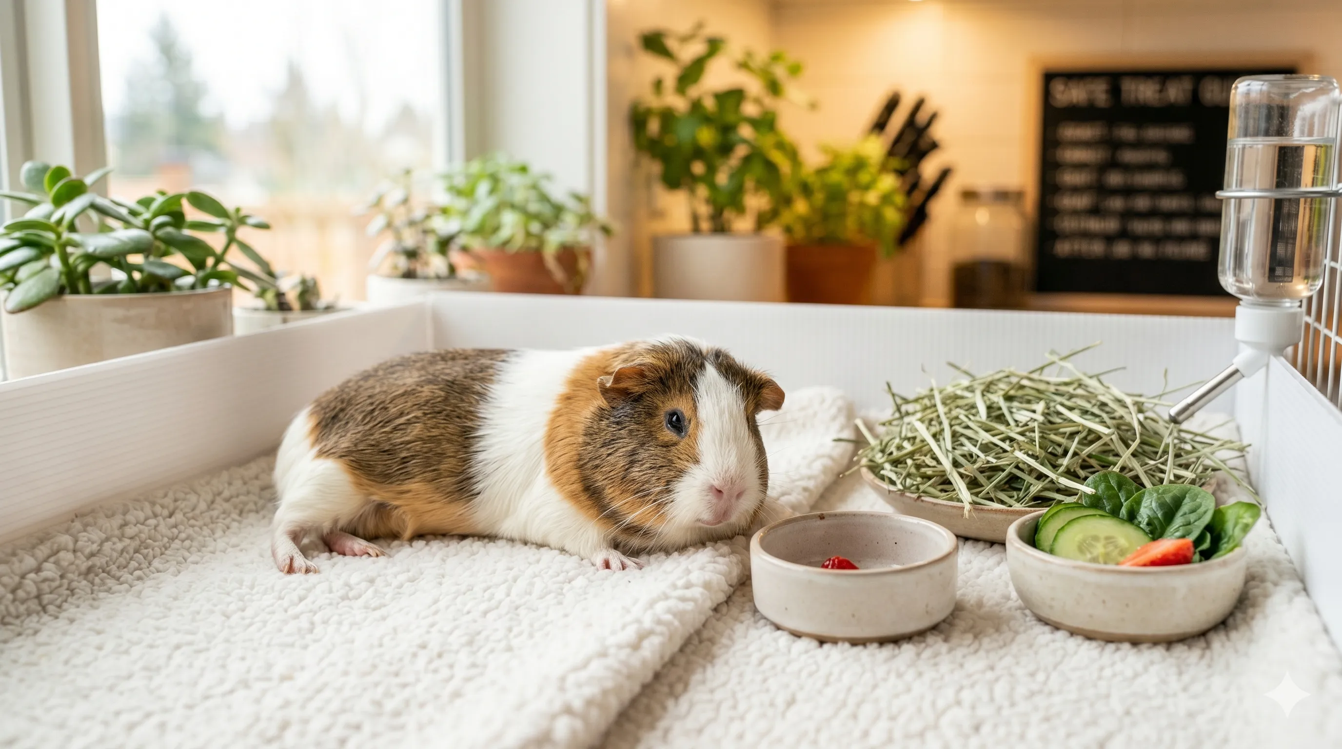 Healthy guinea pig relaxing after enjoying strawberry treat in moderation