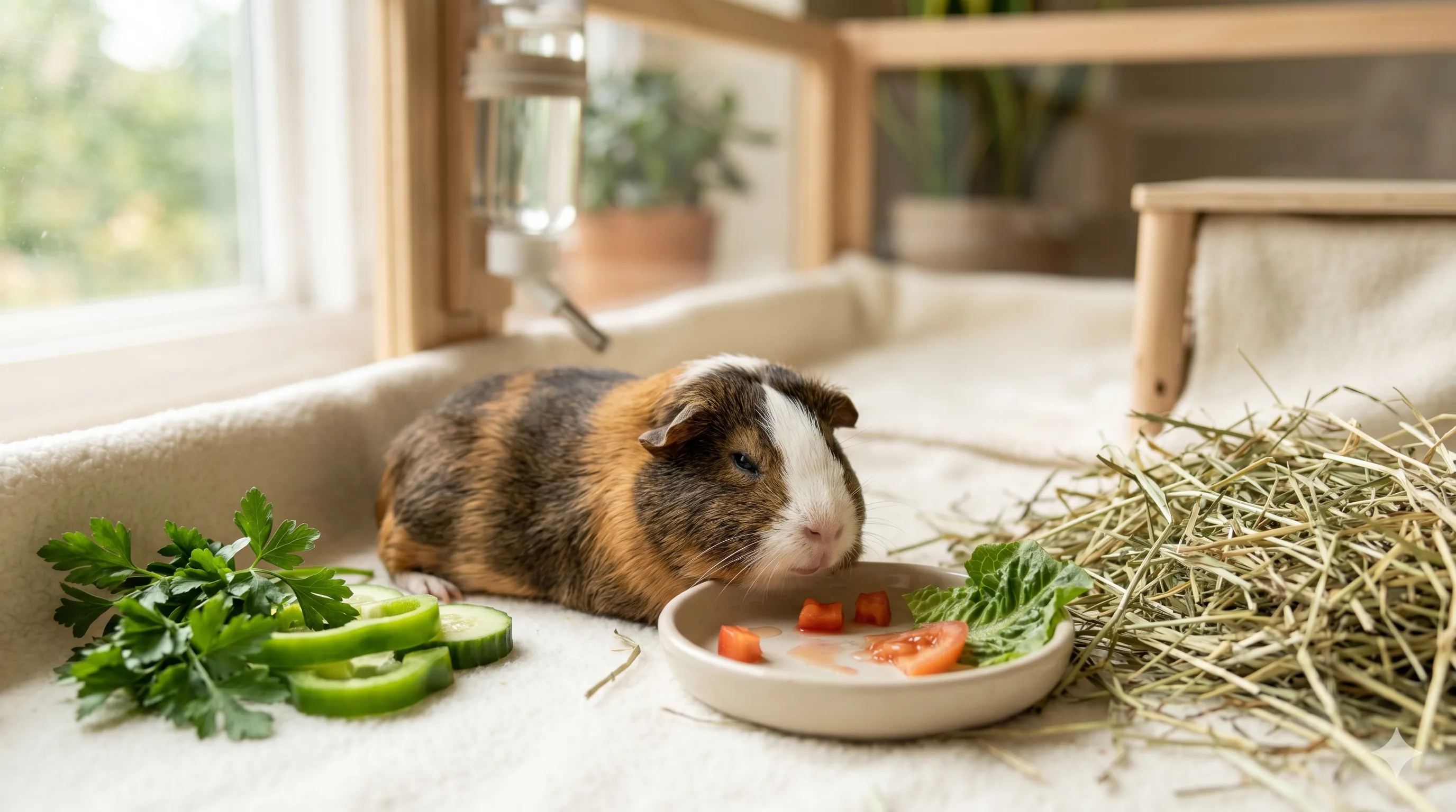 Healthy guinea pig relaxing after enjoying tomato treat in moderation