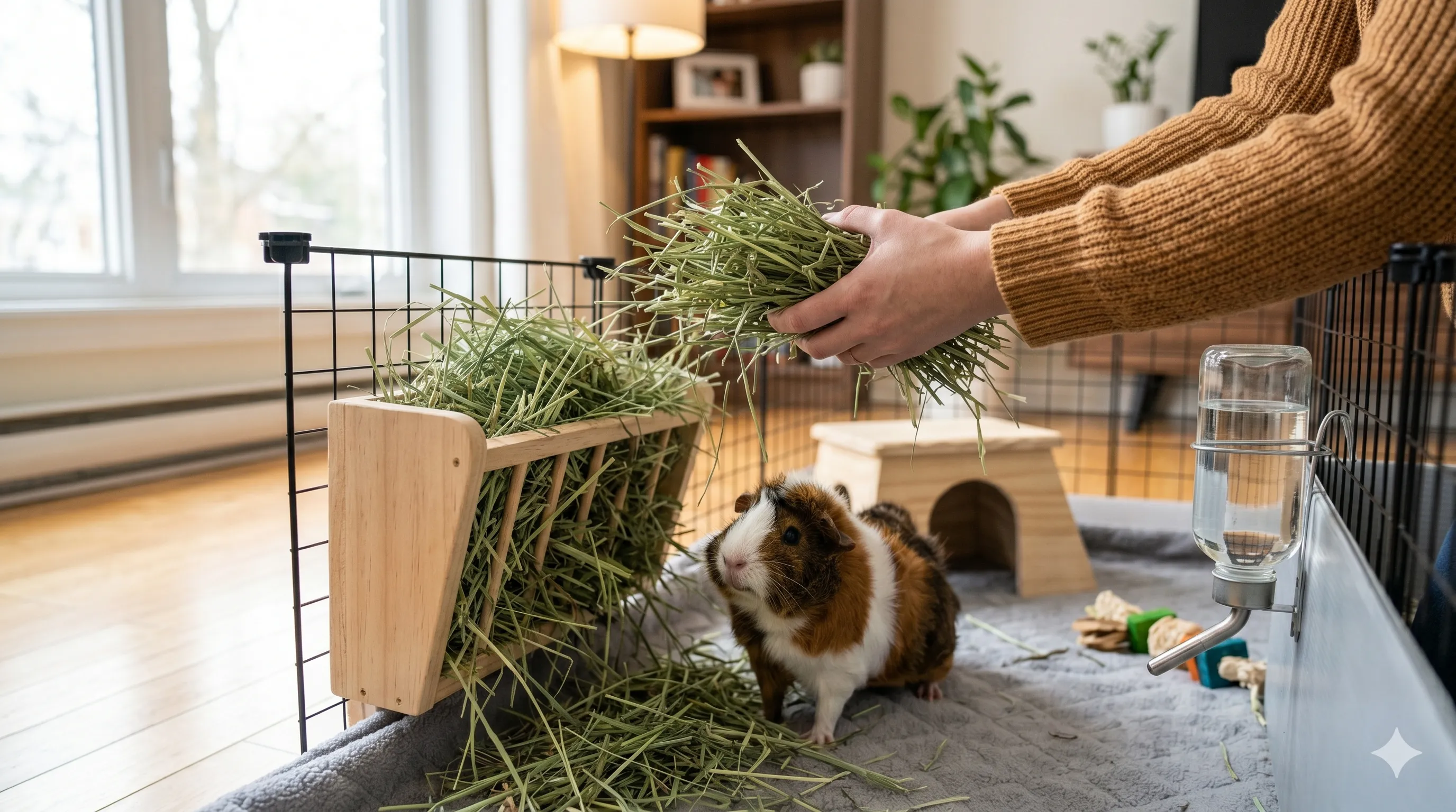guinea-pig-with-fresh-hay Healthy guinea pig resting near fresh hay in a clean well-maintained enclosure
