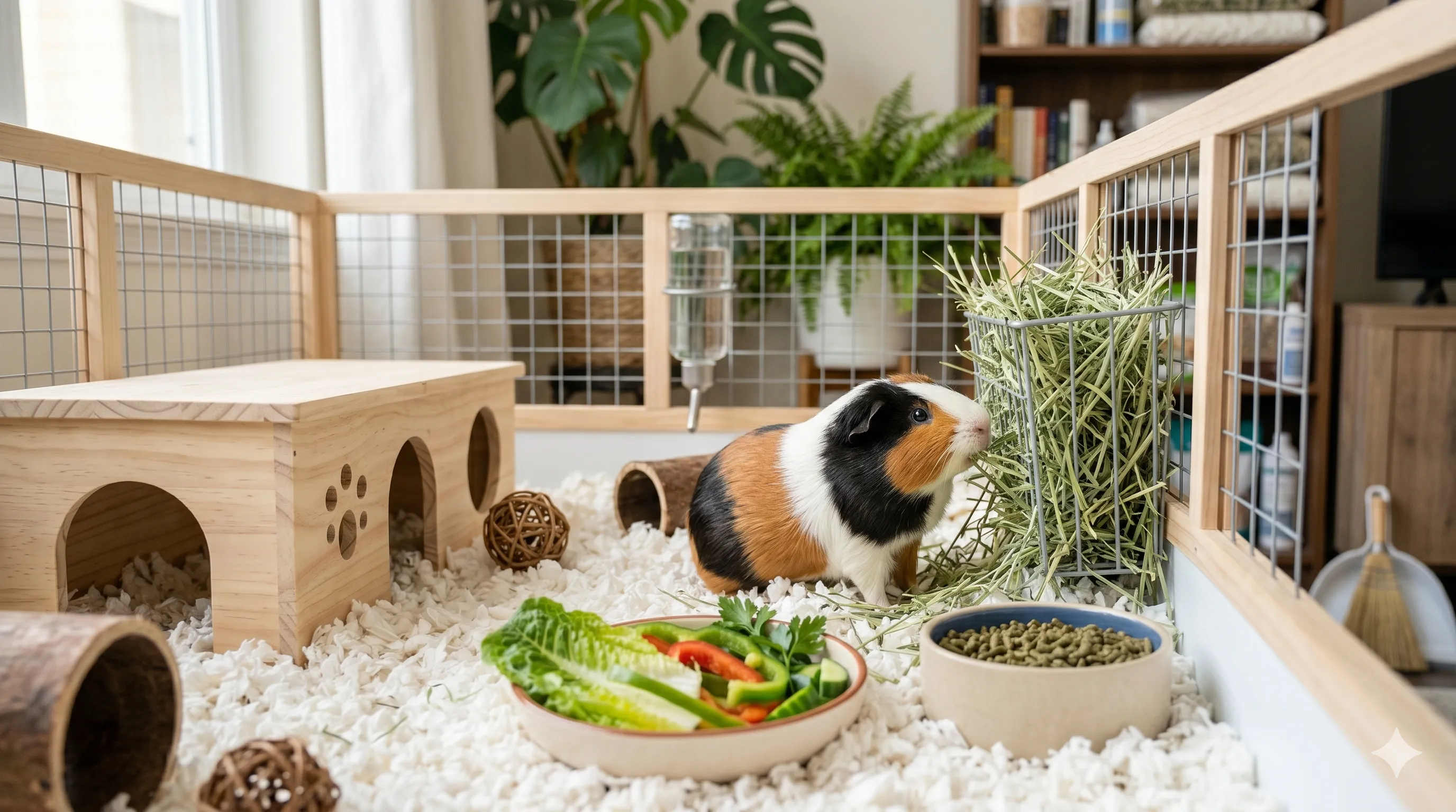 Healthy guinea pig thriving in a spacious clean habitat with proper nutrition