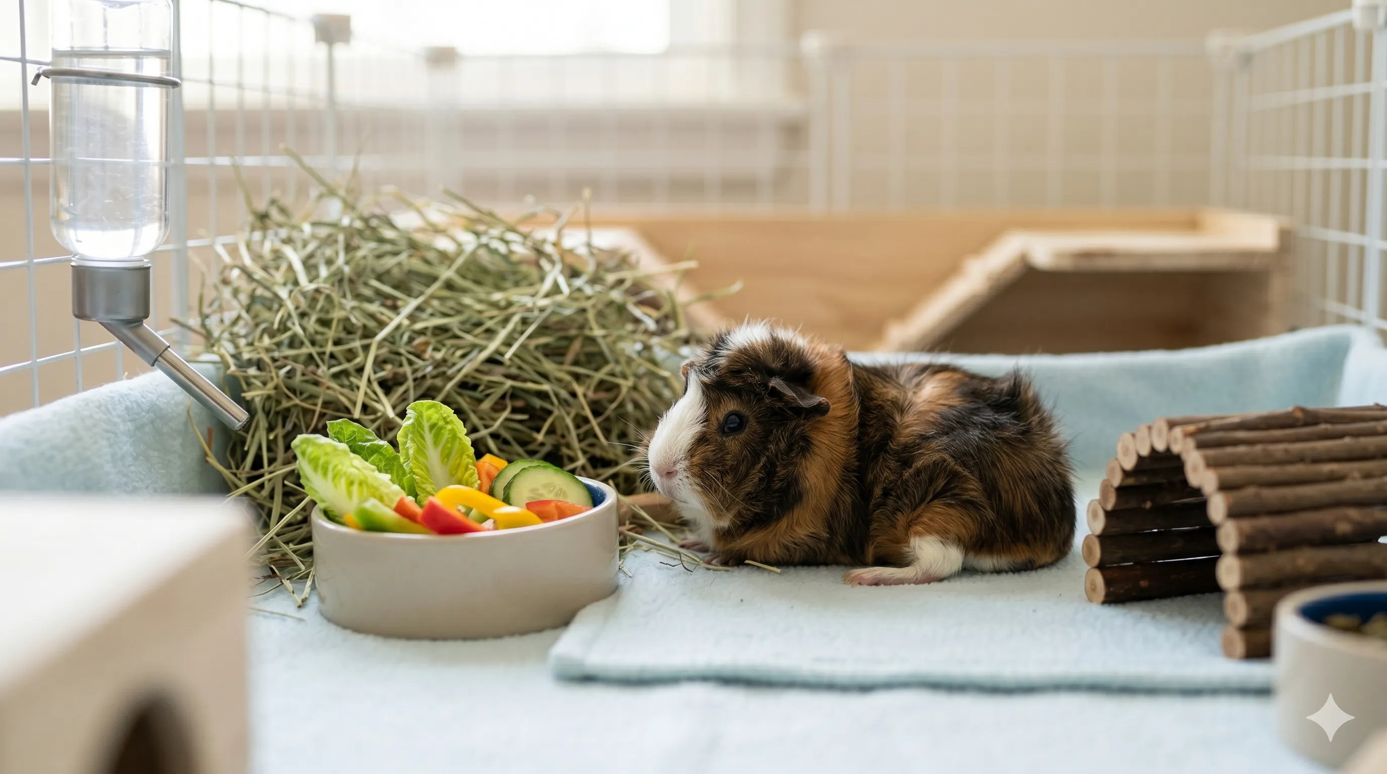 Healthy guinea pig relaxing in clean habitat after proper nutrition and care