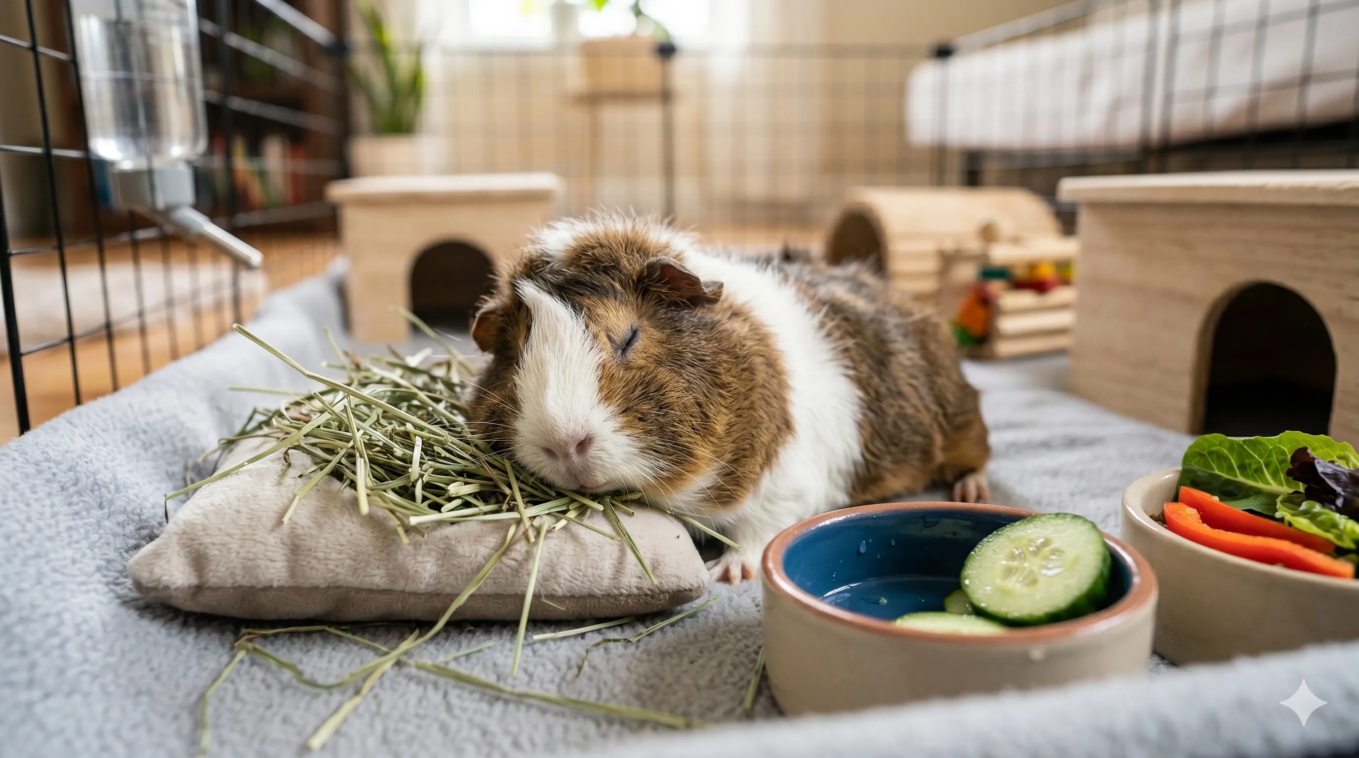 Healthy hydrated guinea pig relaxing comfortably after eating fresh cucumber treat
