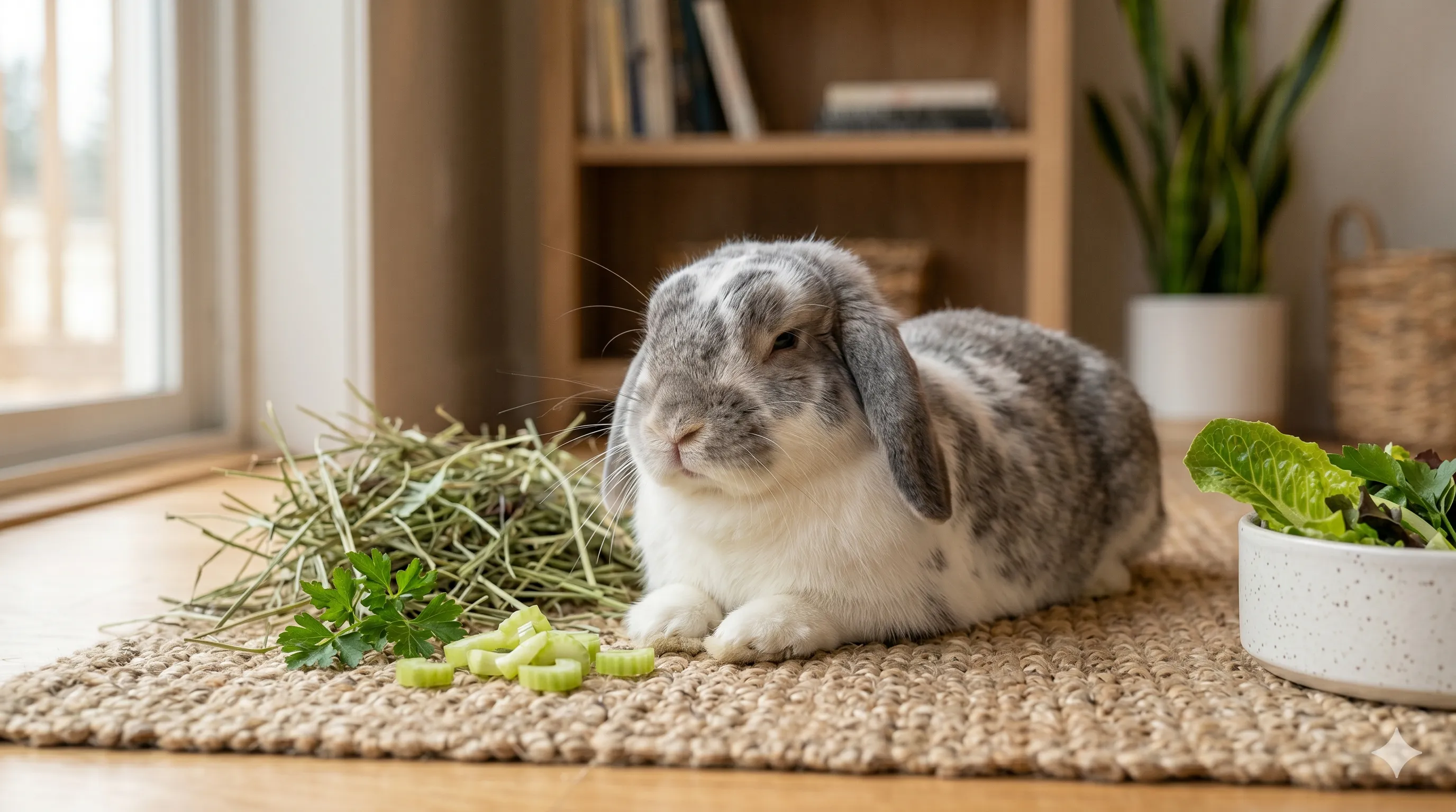 healthy-rabbit-after-safe-celery-feeding-image-3 Healthy rabbit relaxing comfortably after eating celery as part of balanced diet