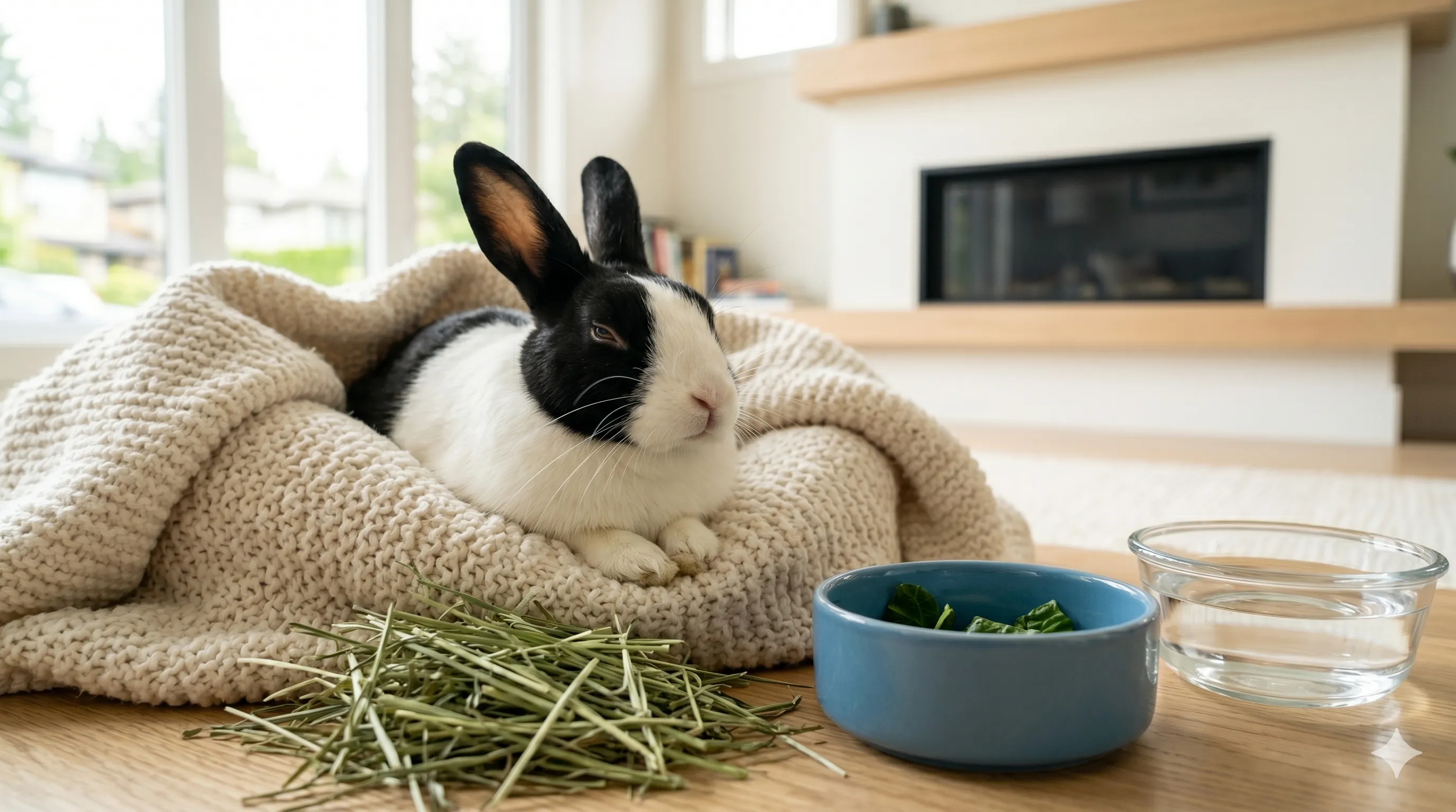 healthy-rabbit-balanced-leafy-diet-image-3 Healthy rabbit relaxing after eating safe leafy greens as part of balanced diet