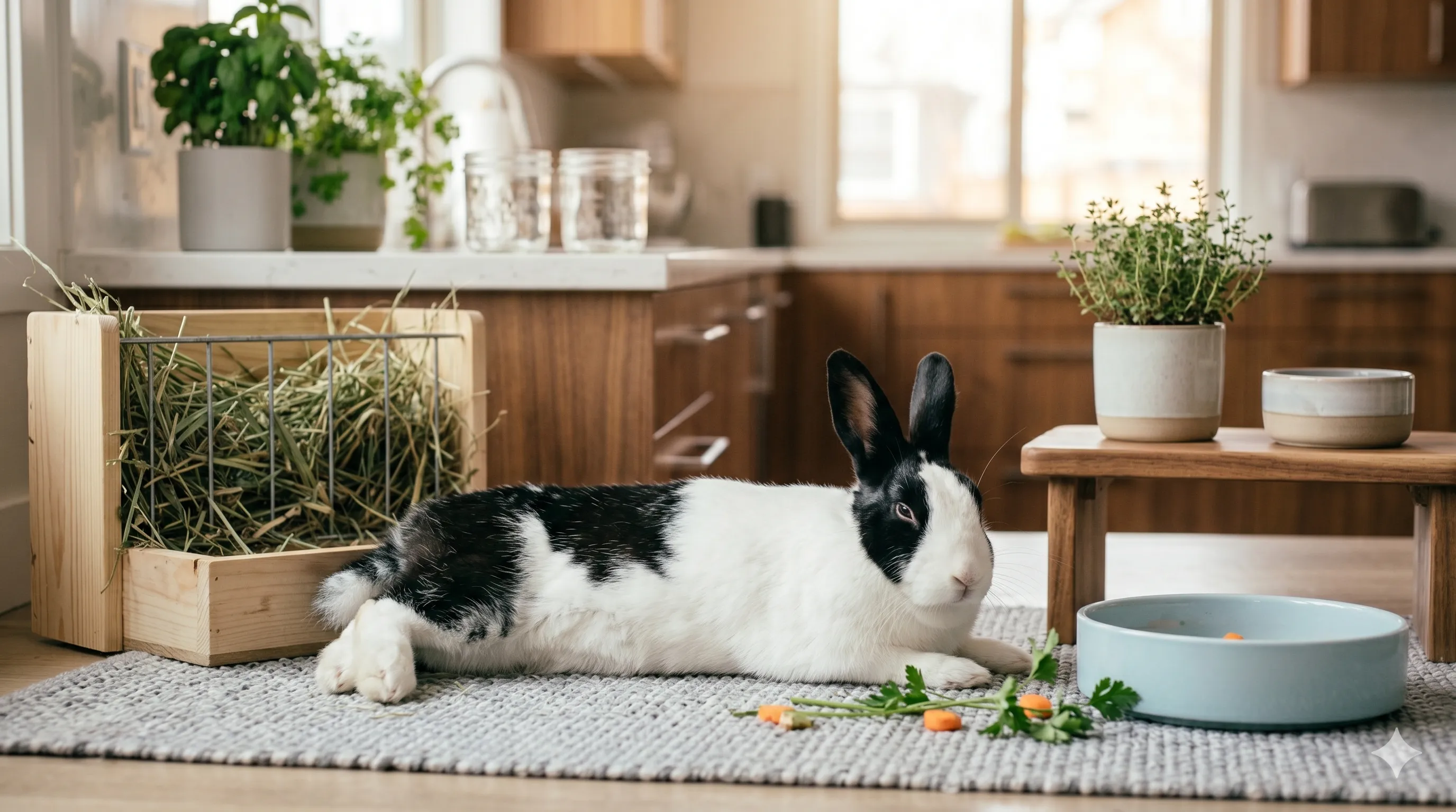 healthy-rabbit-balanced-treat-diet-image-3 Healthy rabbit relaxing comfortably after eating balanced treats and hay diet