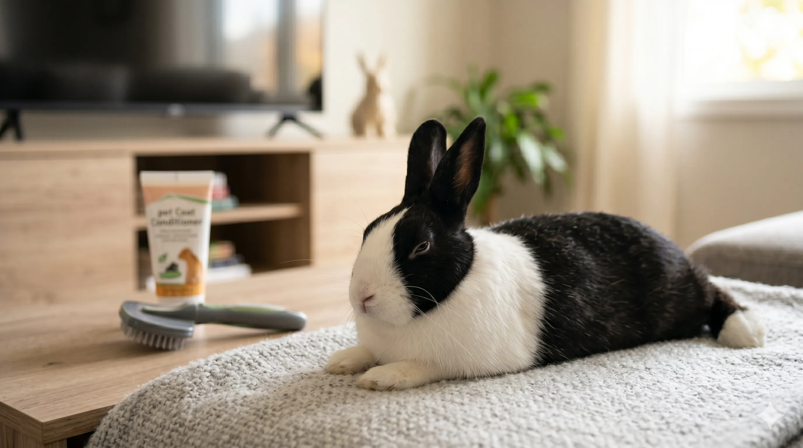 healthy-rabbit-clean-coat-after-molting-image-3 Healthy rabbit with clean soft coat relaxing comfortably after normal molting period