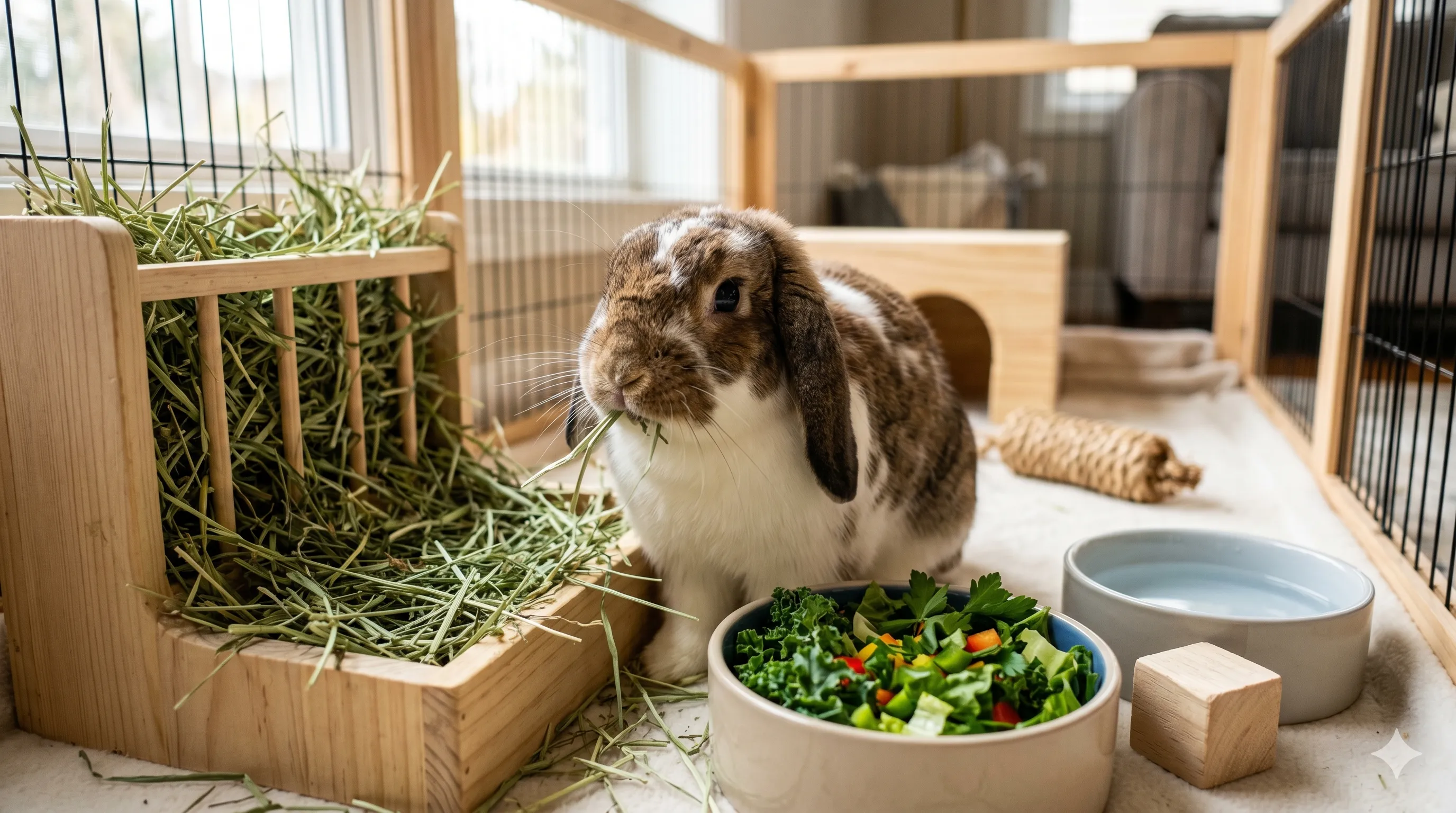 healthy-rabbit-daily-care-routine-closeup-image-1 Close-up of healthy rabbit eating hay in proper indoor care environment