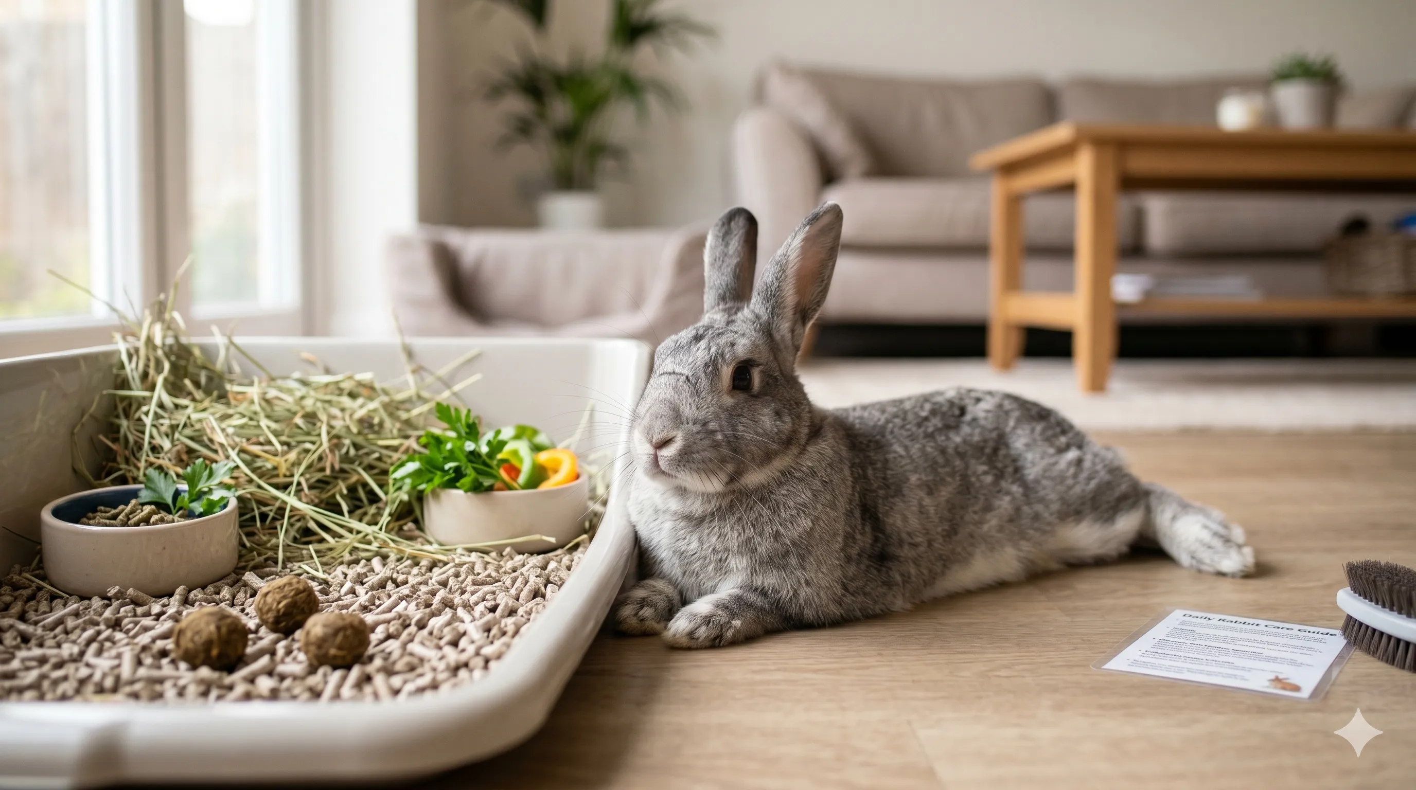 healthy-rabbit-digestive-care-environment-image-3 Healthy rabbit relaxing near clean litter setup after proper digestive care and balanced diet
