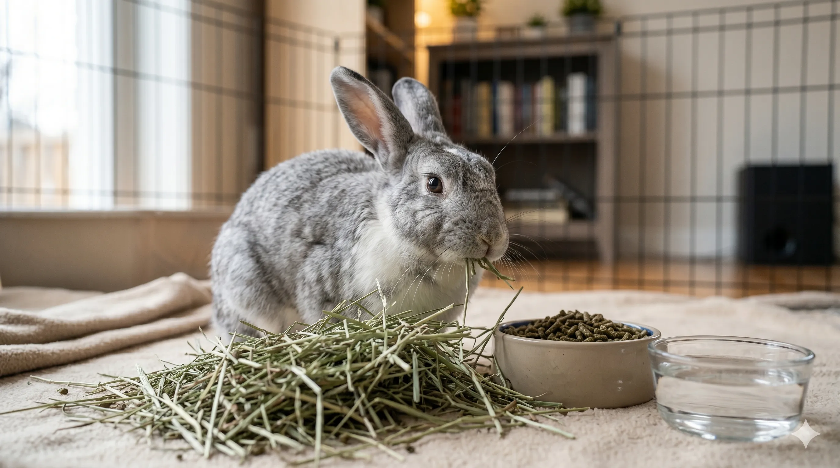 healthy-rabbit-eating-hay-after-recovery-image-3 Healthy rabbit eating hay normally again after receiving proper care and treatment