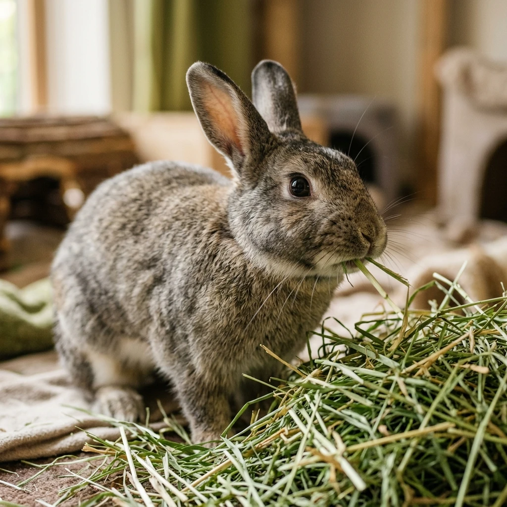 Healthy rabbit eating fresh grass hay as part of a balanced weight-maintaining diet