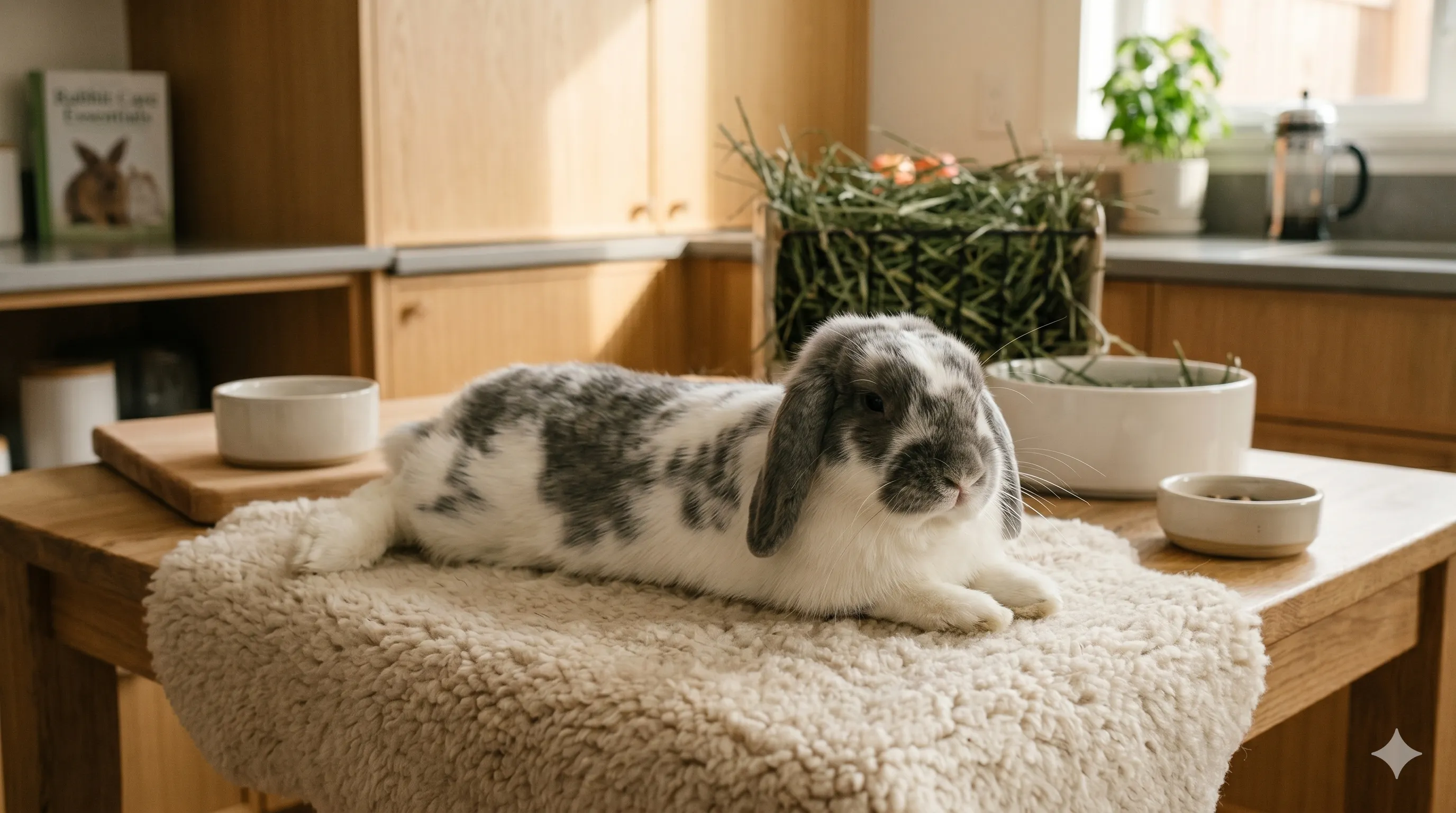 Healthy rabbit resting comfortably after eating safe fruit portions as part of balanced diet